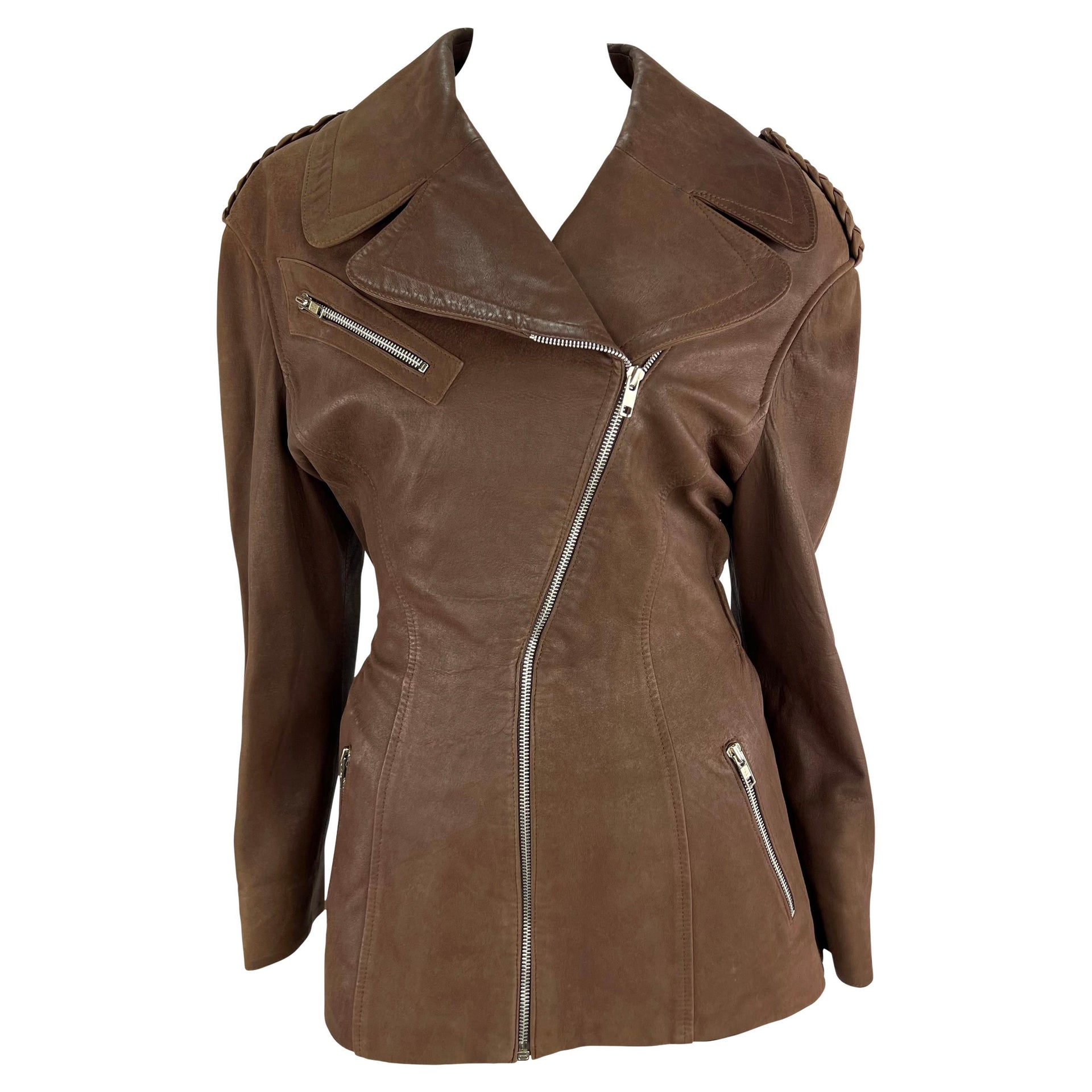 1980s Thierry Mugler Brown Suede Leather Moto Zip Biker Jacket
