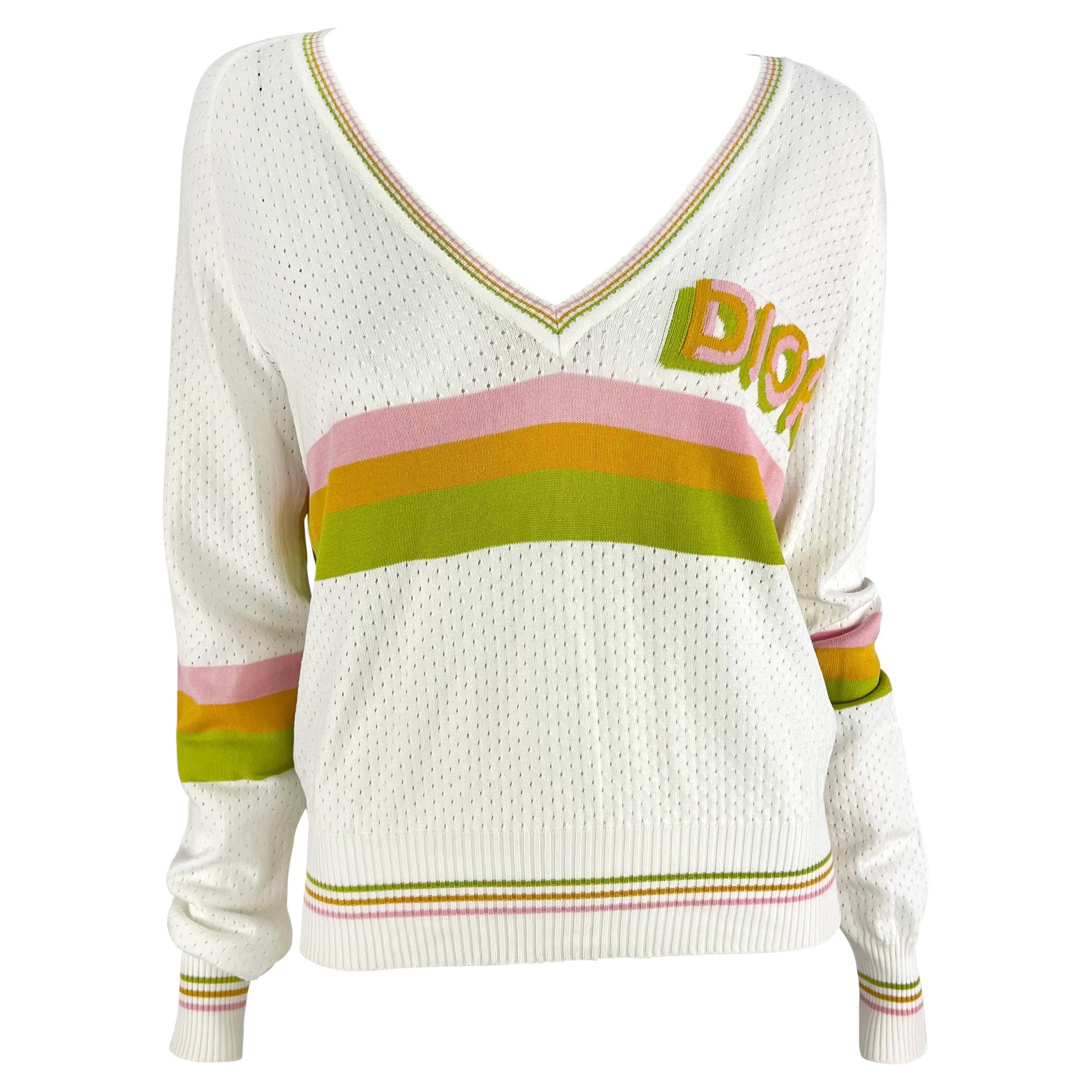 S/S 2004 Christian Dior by John Galliano Sheer Perforated Knit White Logo V-Neck Sweater