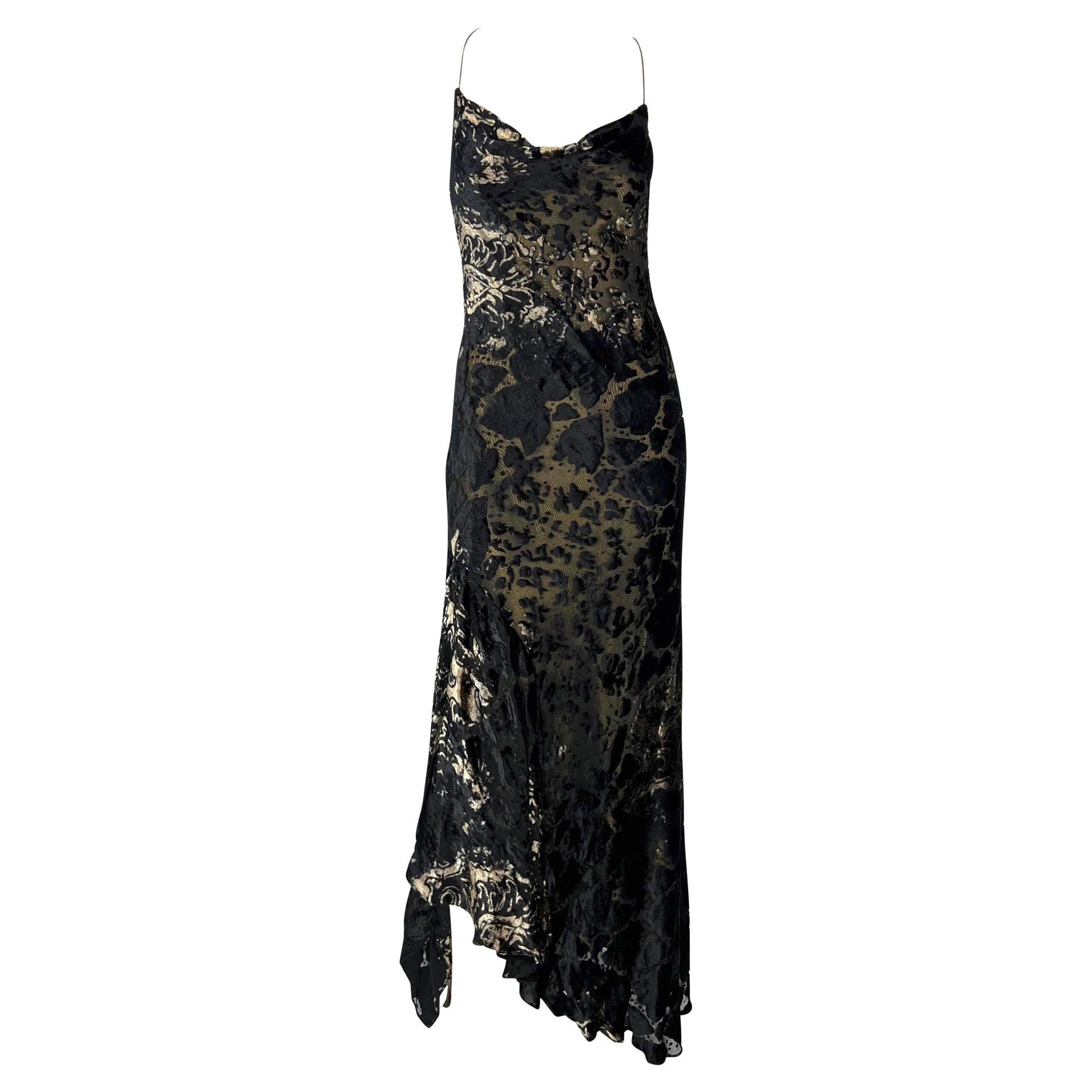 F/W 2001 Donna Karan Runway Gold Lamé Velvet Devoré Overlay Backless Gown