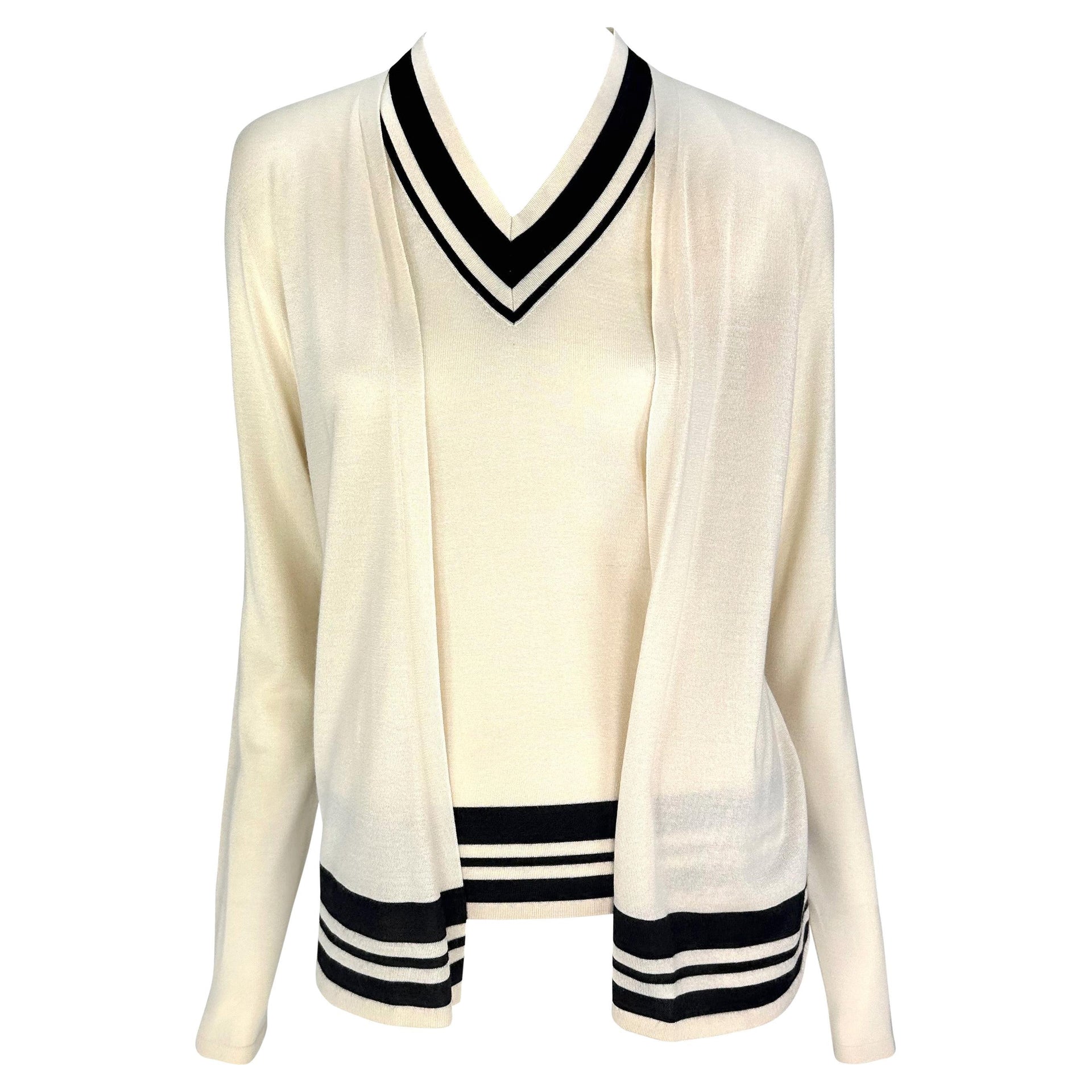 S/S 2001 Ralph Lauren Off-White Striped Cashmere Silk Knit Cardigan Sweater Set