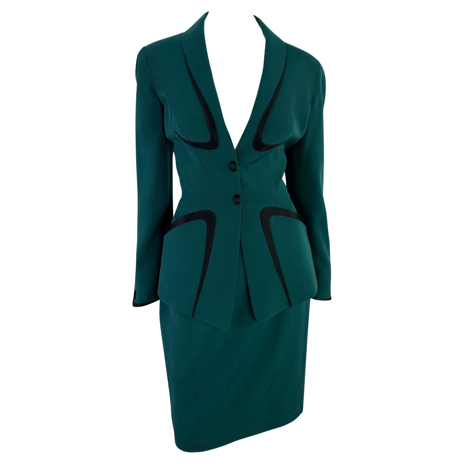 Late 1990s Thierry Mugler Green Black Angular Trim Skirt Suit