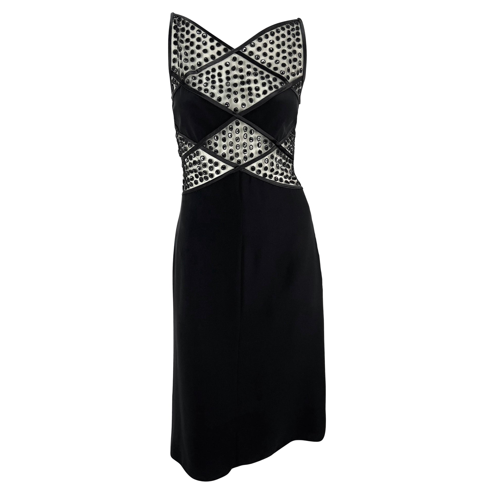 NWT F/W 2001 Valentino Garavani Sheer Black Beaded Silk Ribbon Cutout Mini Dress