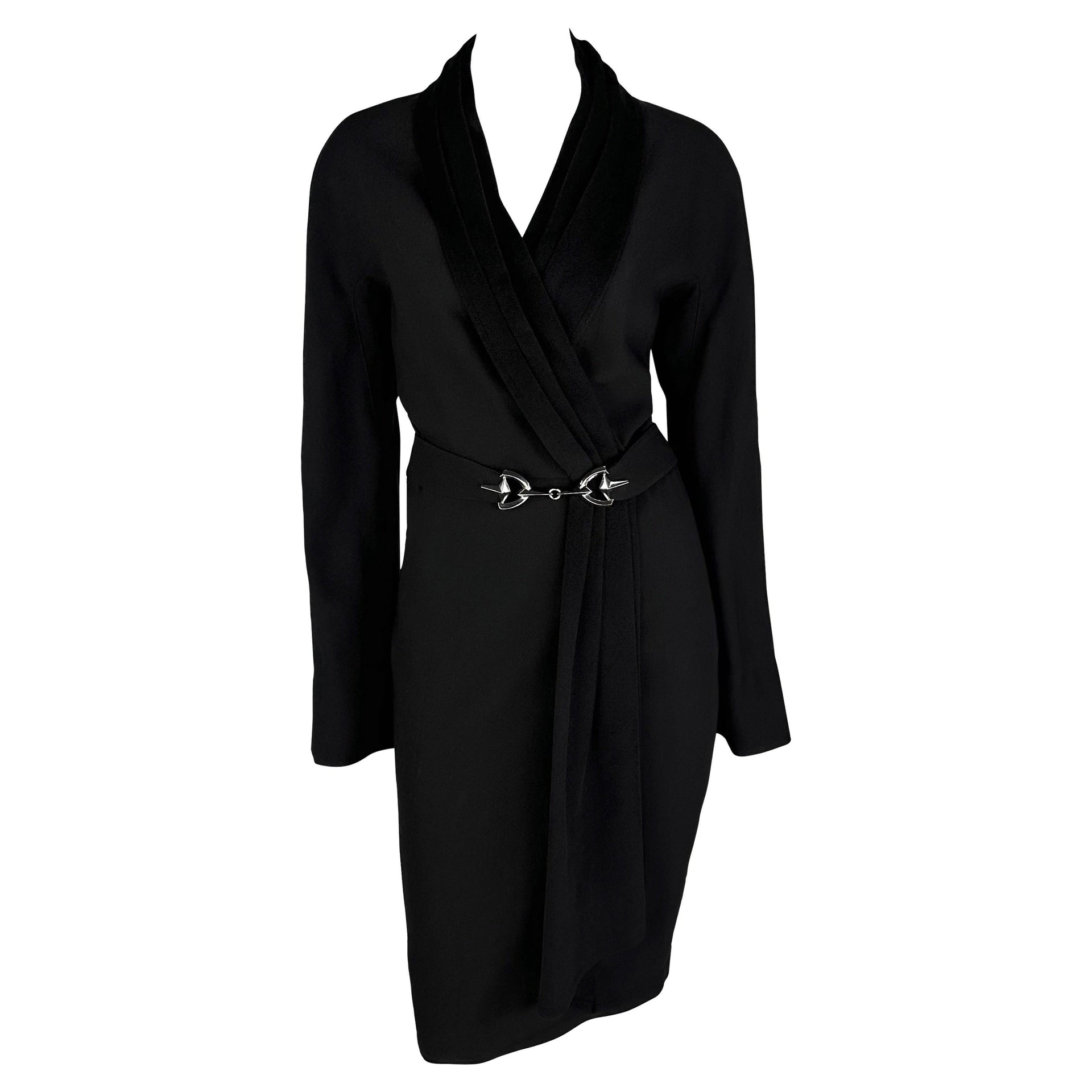 F/W 1996 Thierry Mugler Shawl Collar Horse Bit Buckle Black Wrap Coat Dress