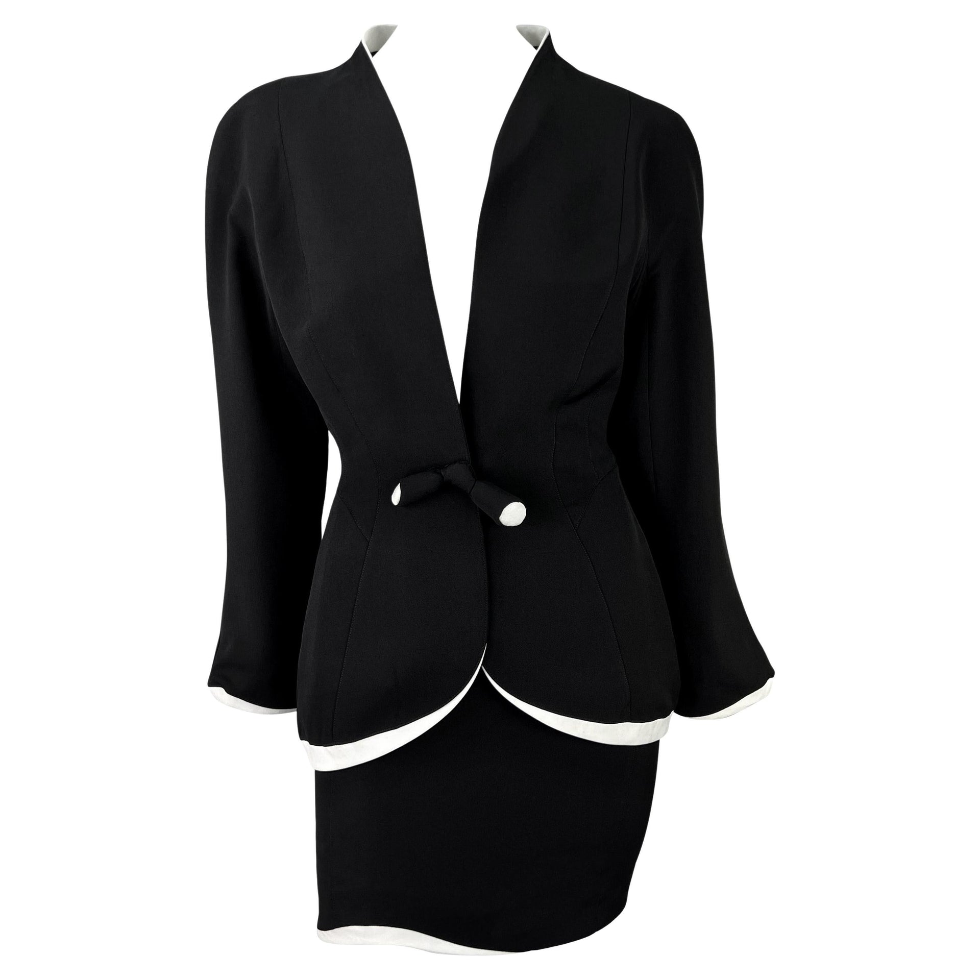 1990s Thierry Mugler Black White Sculpted Asymmetric Bow Skirt Suit