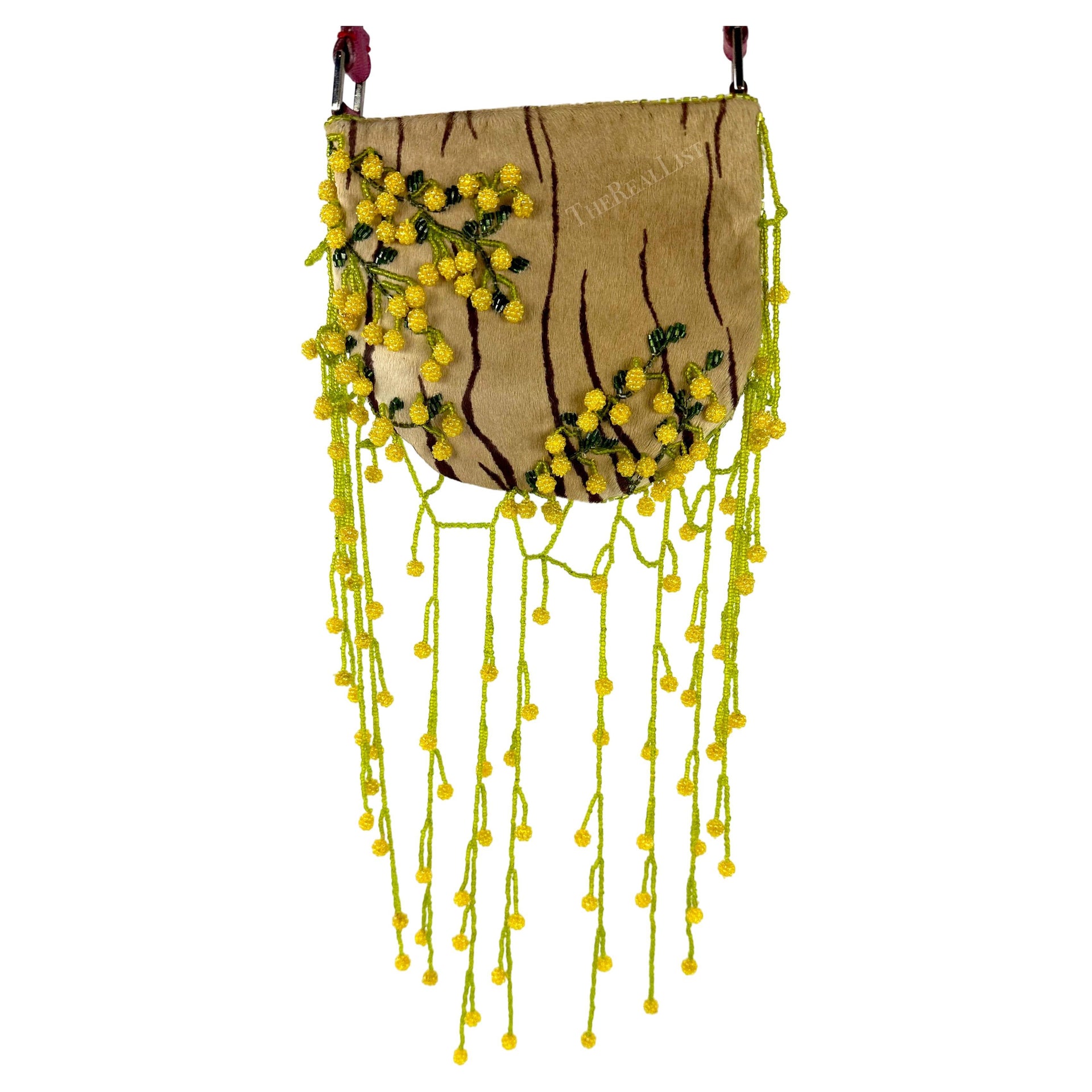 S/S 2000 Valentino Garavani Tan Pony Hair Floral Beaded Lizard Trim Bag