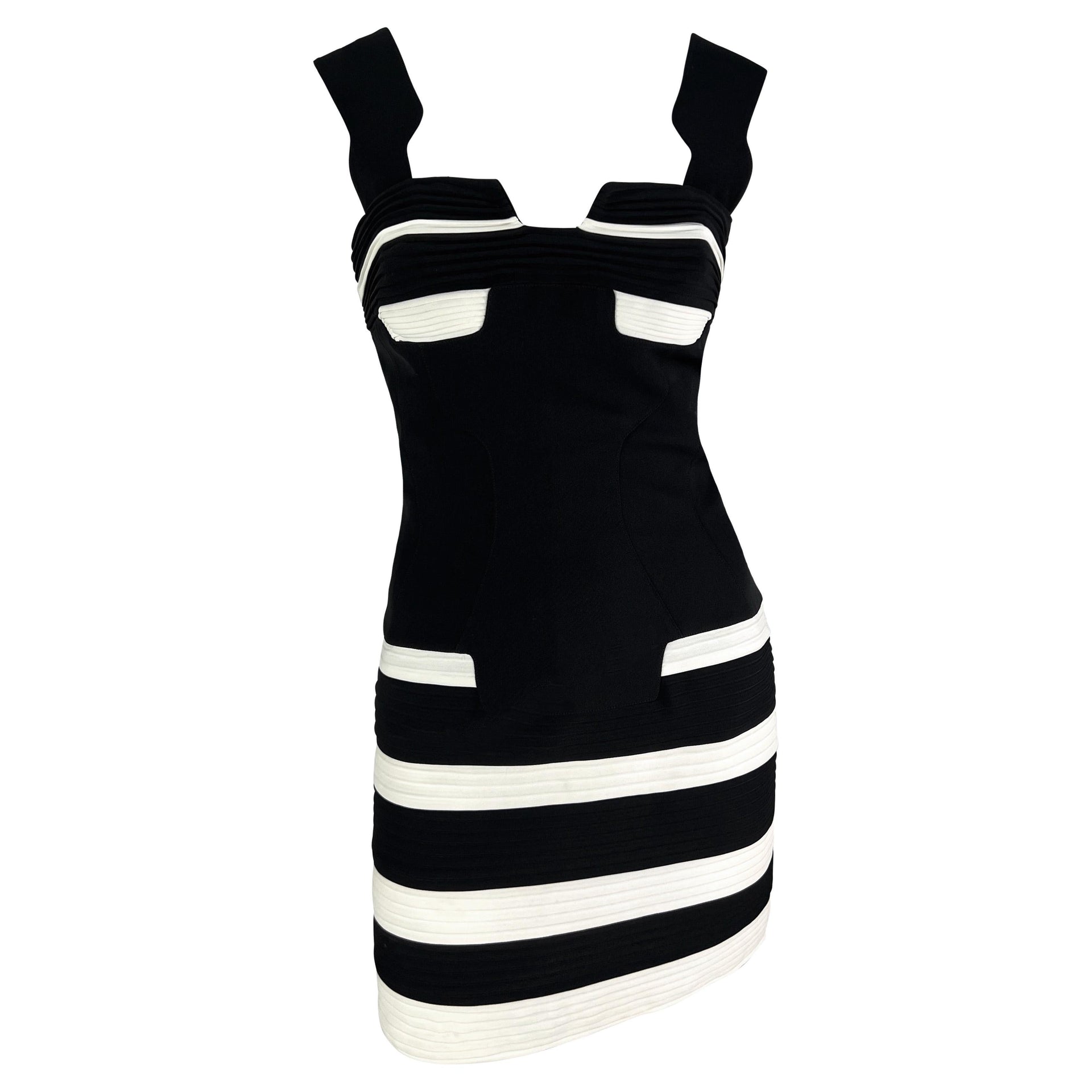 S/S 1994 Thierry Mugler Runway Black White Accordion Pleat Bodycon Mini Dress