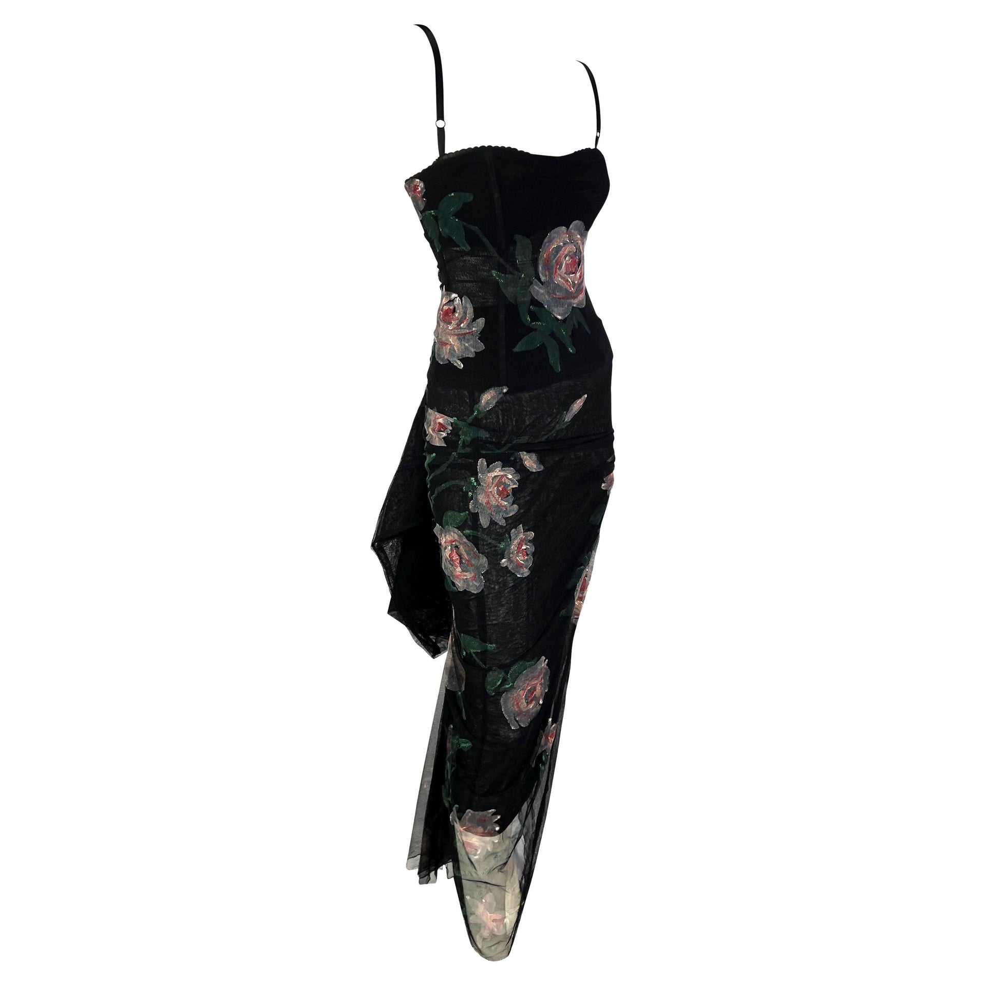 F/W 1998 Dolce & Gabbana Sheer Black Mesh Hand Painted Rose Bustier Gown