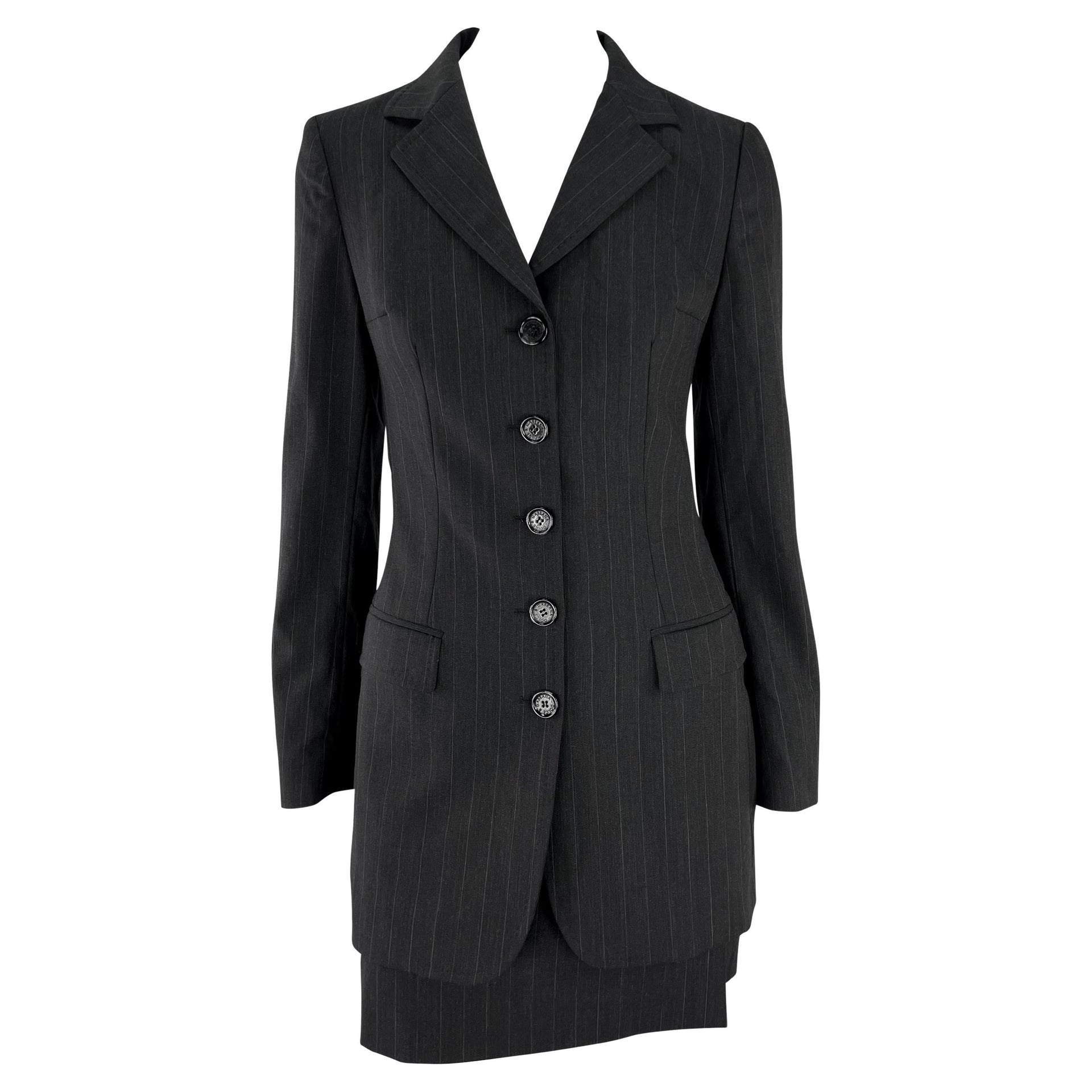 F/W 1998 Dolce & Gabbana Black Grey Pinstripe Fitted Mini Skirt Suit