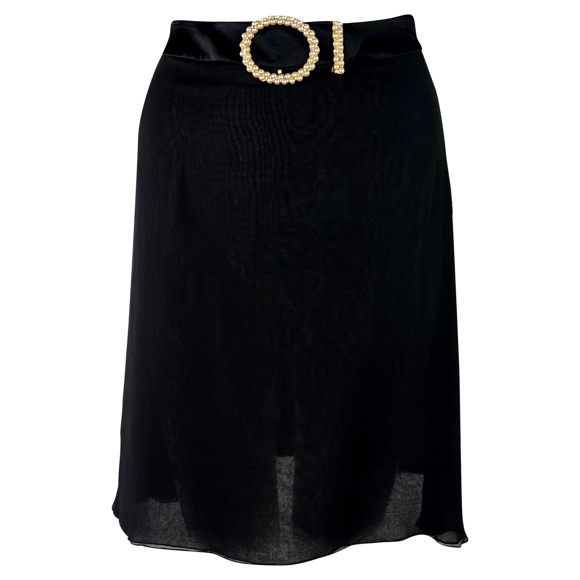 F/W 1996 Valentino Garavani Runway Sheer Black Pearl Rhinestone Buckle Skirt