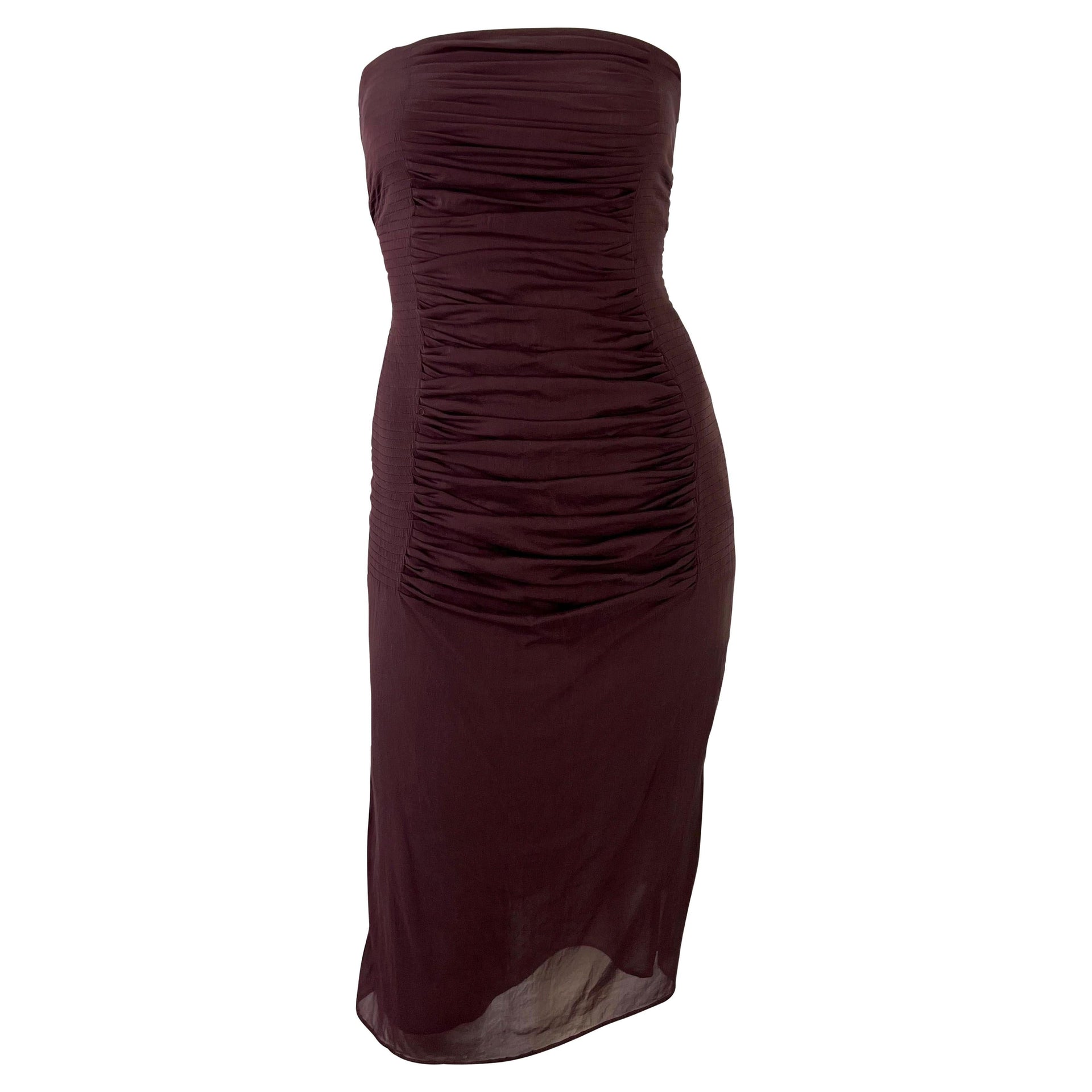 S/S 2001 Yves Saint Laurent by Tom Ford Sheer Maroon Pleat Strapless Mini Dress