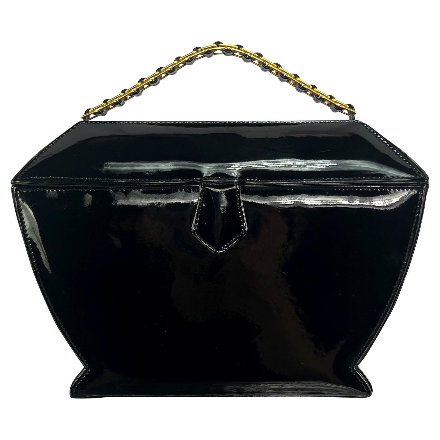 1990s Donna Karan Black Patent Leather Urn Shaped Structured Bag