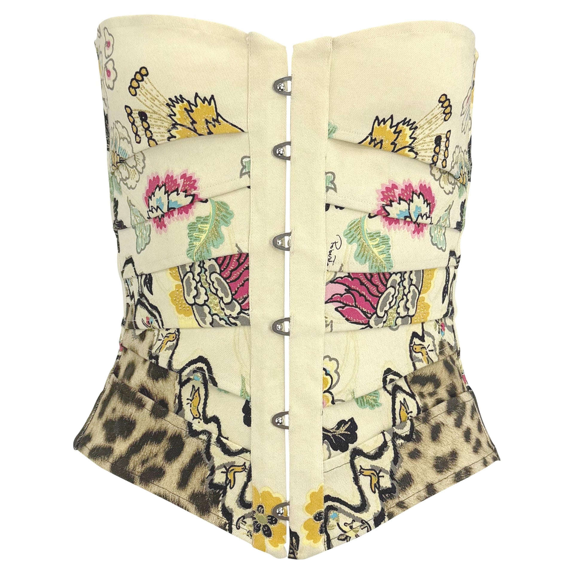 S/S 2003 Roberto Cavalli Chinoiserie Print Creme Lace-Up Corset Top