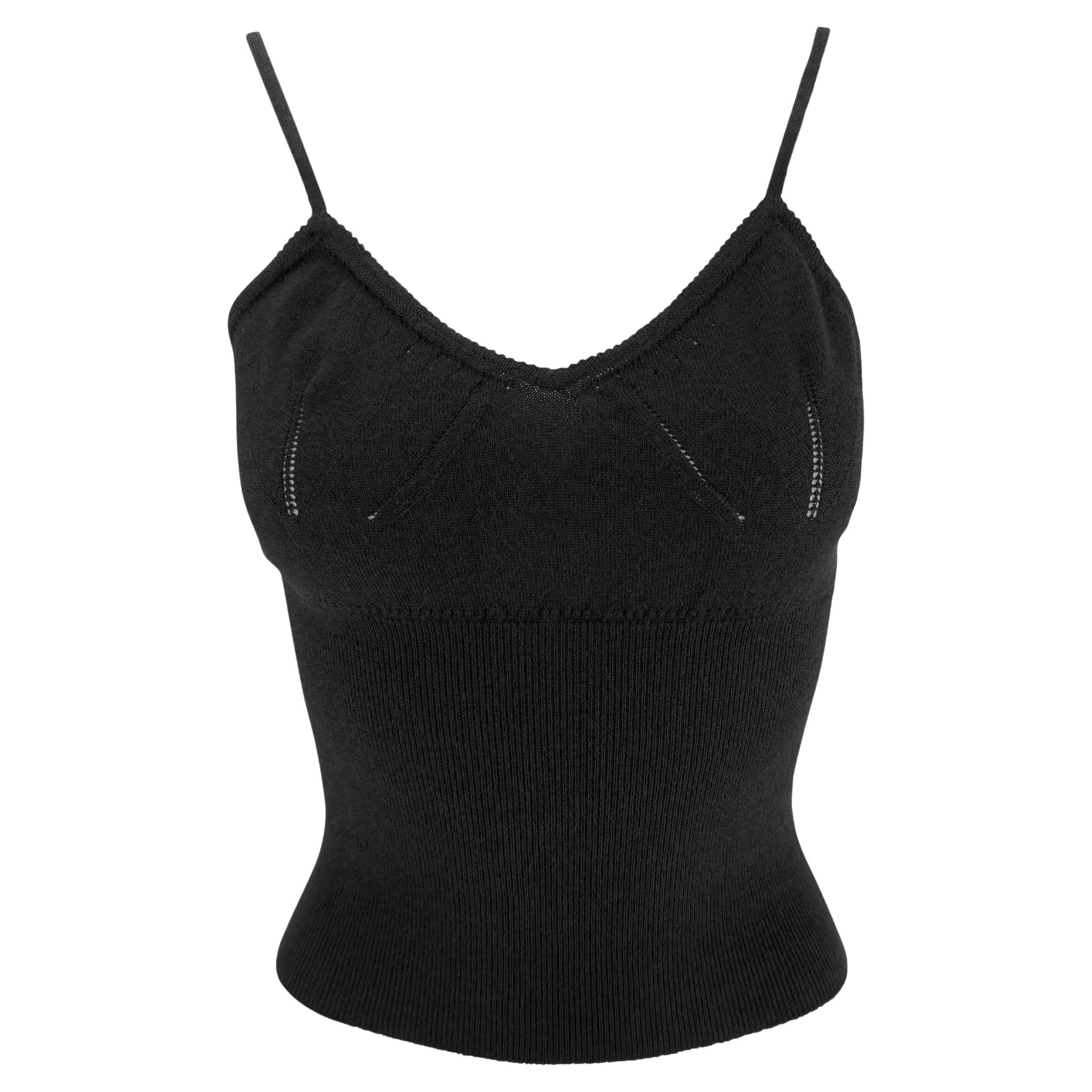 2000s Dolce & Gabbana Bodycon Perforated Cinched Knit Black Tank Top