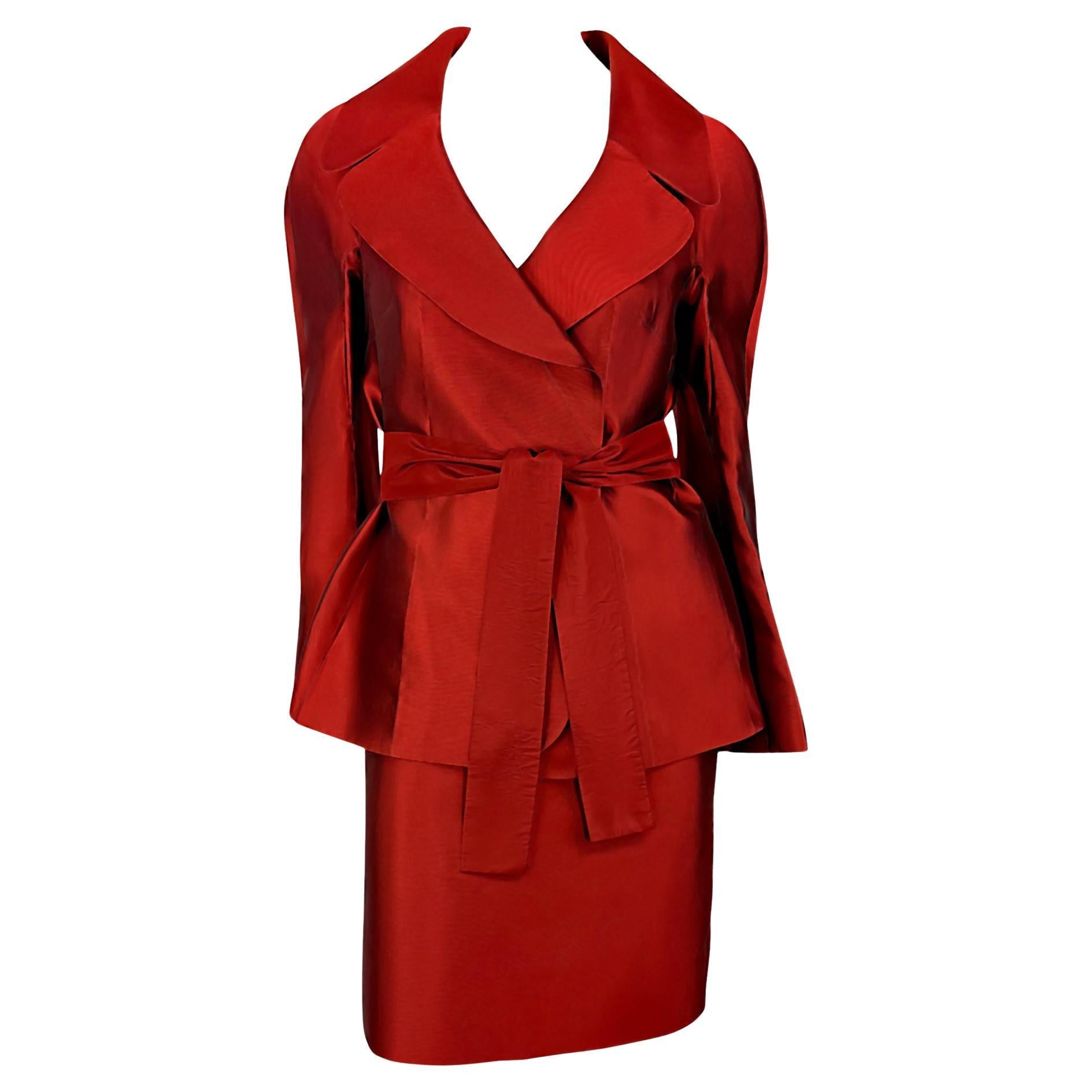 S/S 1996 Dolce & Gabbana Runway Deep Red Silk Satin Taffeta Belted Skirt Suit