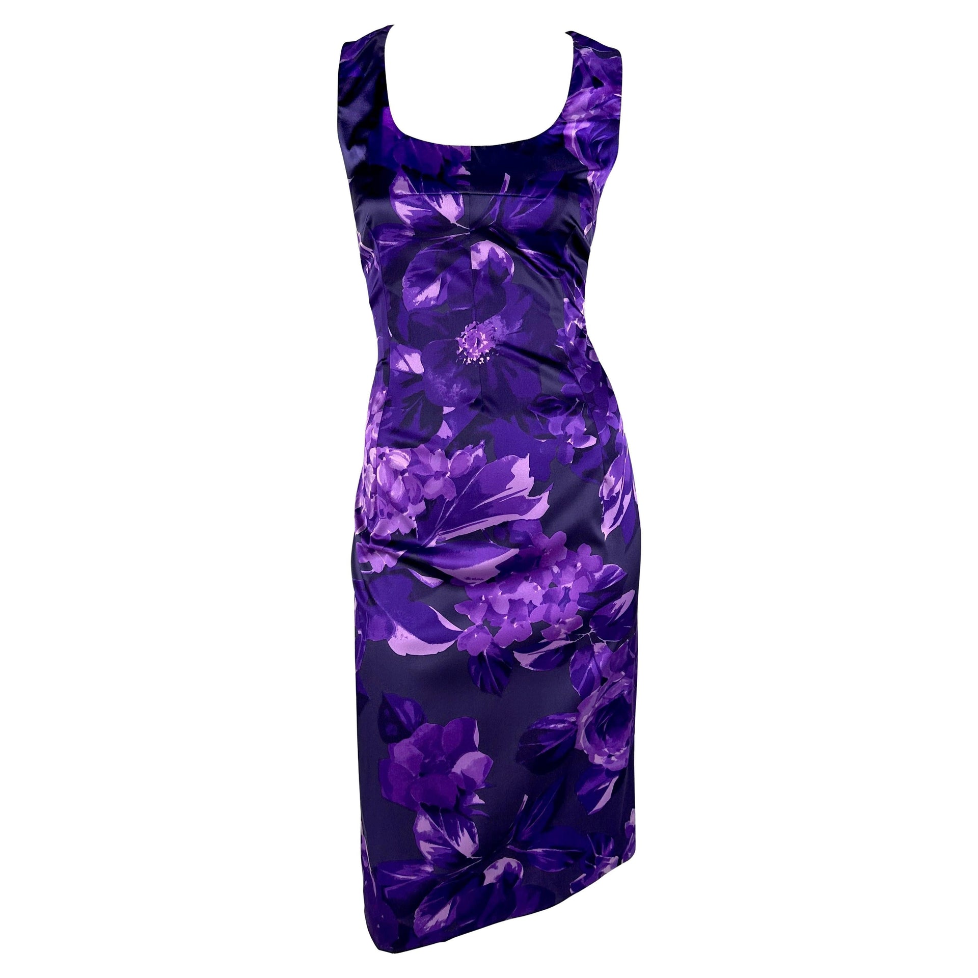 2000 Dolce & Gabbana Purple Floral Print Bodycon Stretch Sleeveless Dress