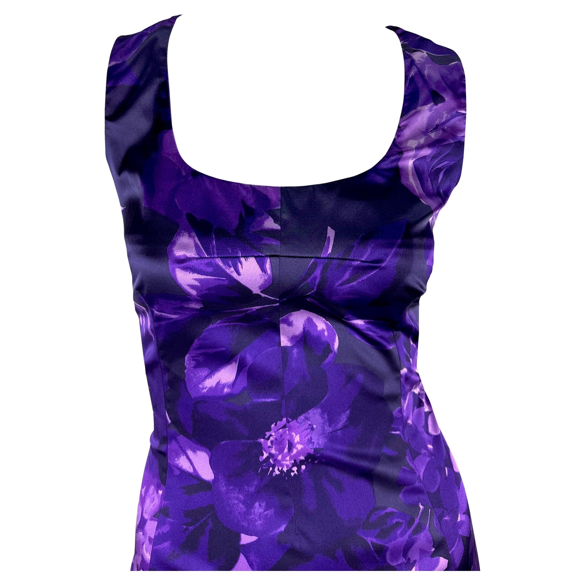 2000 Dolce & Gabbana Purple Floral Print Bodycon Stretch Sleeveless Dress