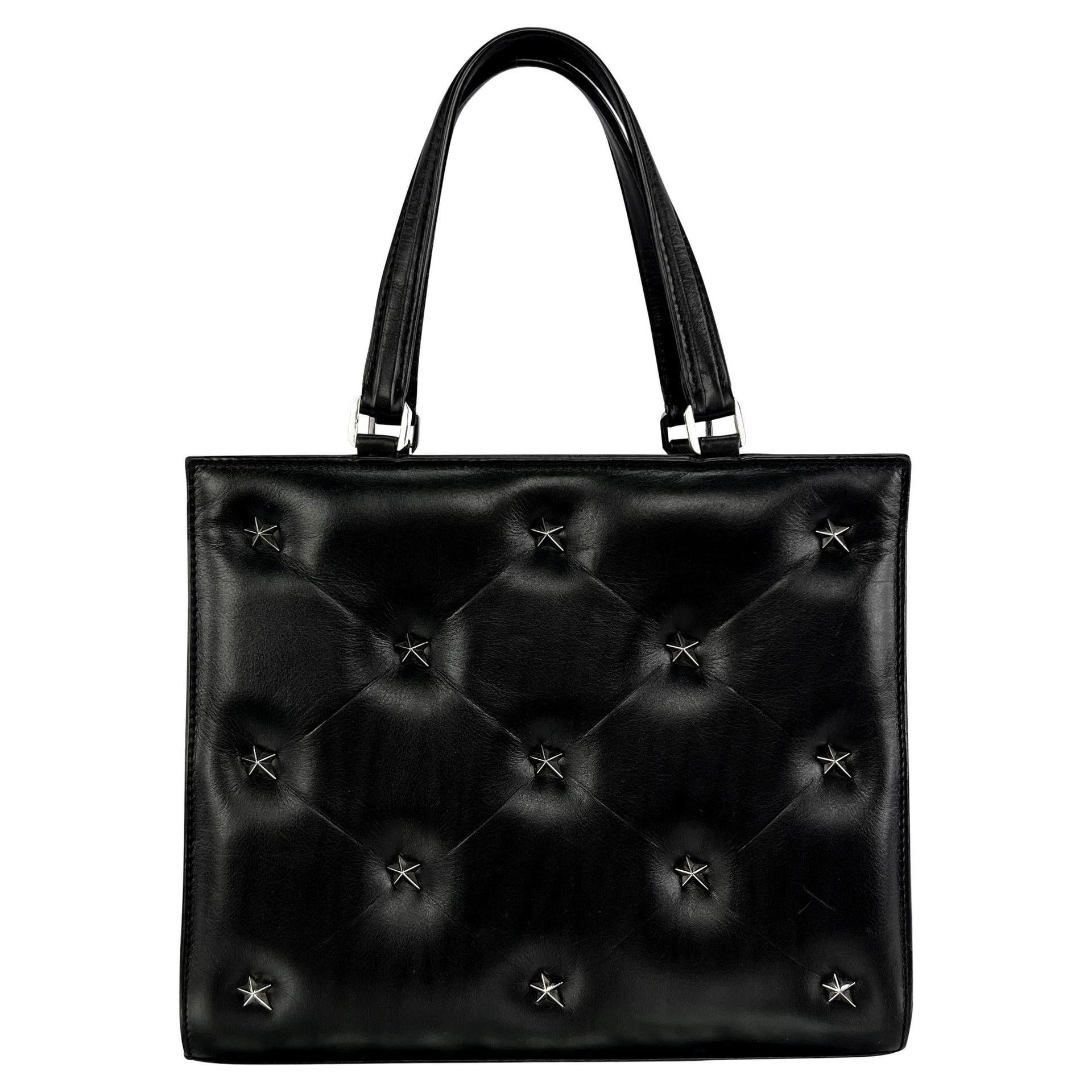 1990s Thierry Mugler Star Stud Quilted Black Leather Small Tote Bag