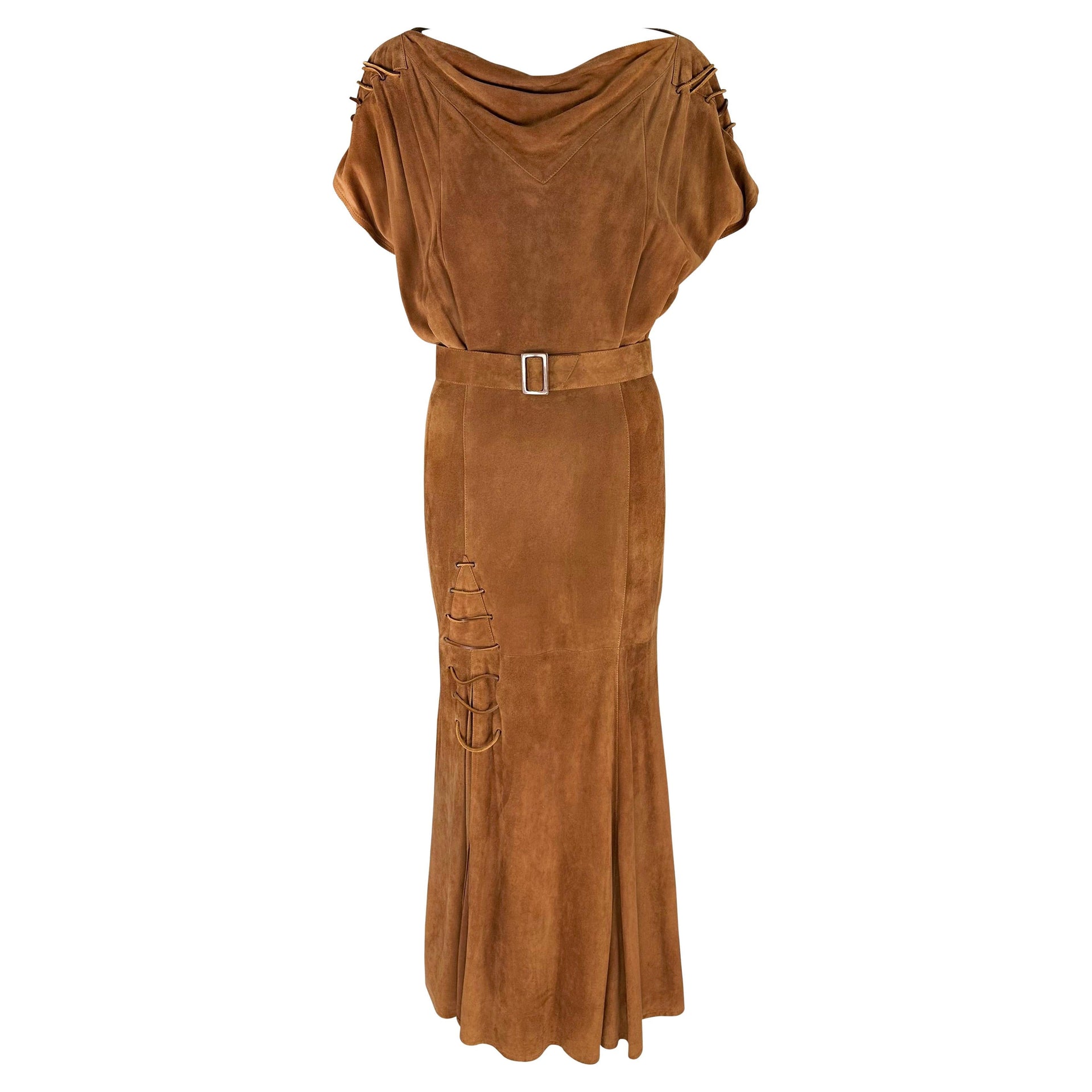 Early 1980s Thierry Mugler Brown Suede Belted Lace-Up Flare Leather Maxi Dress
