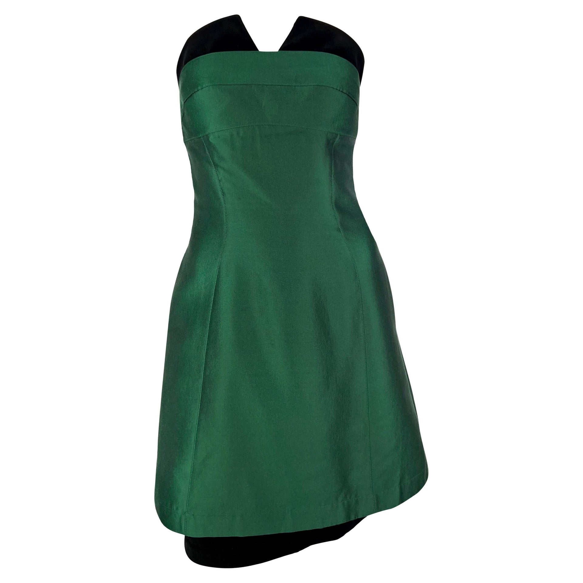 1990s Thierry Mugler Emerald Green Hourglass Velvet Strapless Mini Dress
