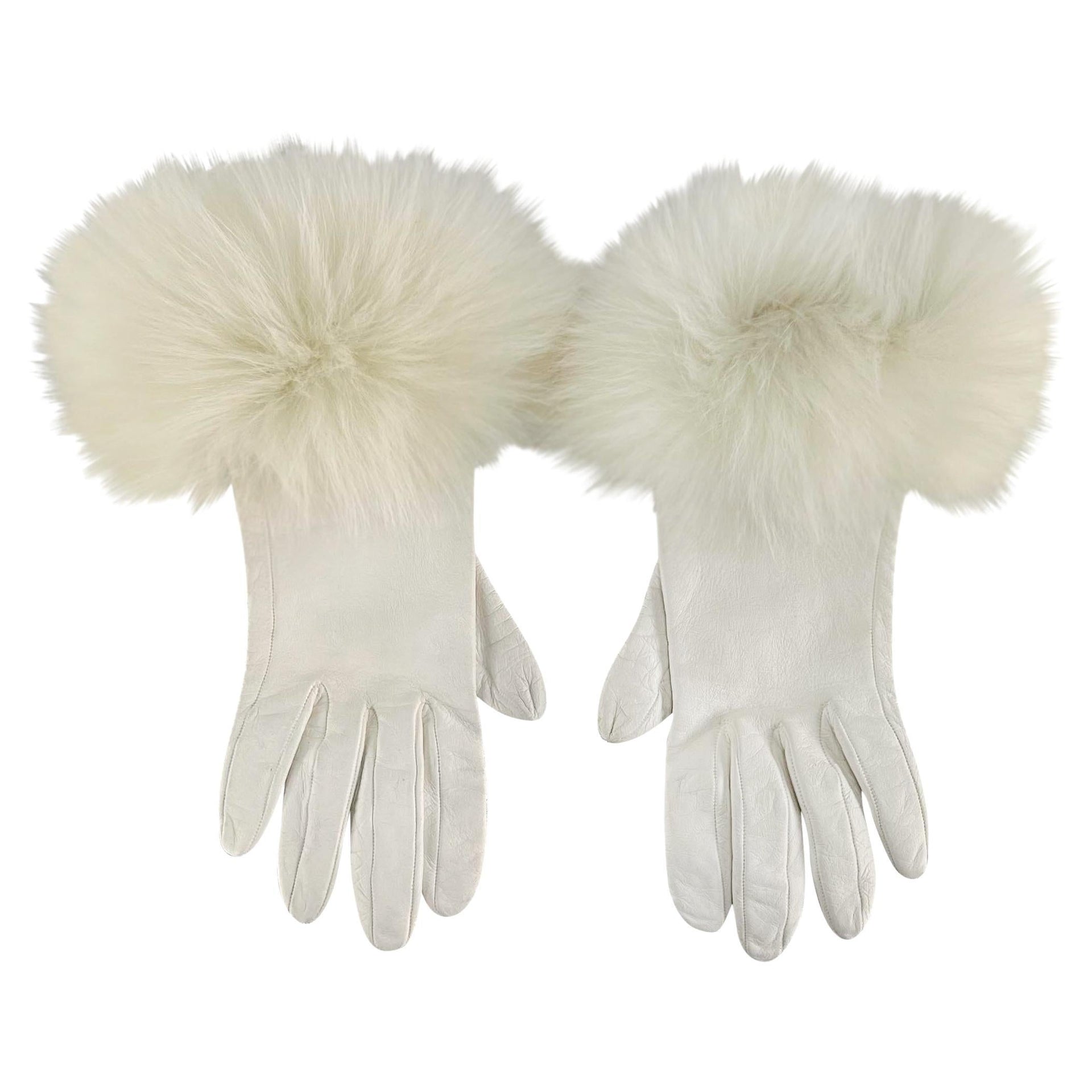 F/W 1997 Christian Dior by John Galliano White Fox Fur Trim Leather Gloves