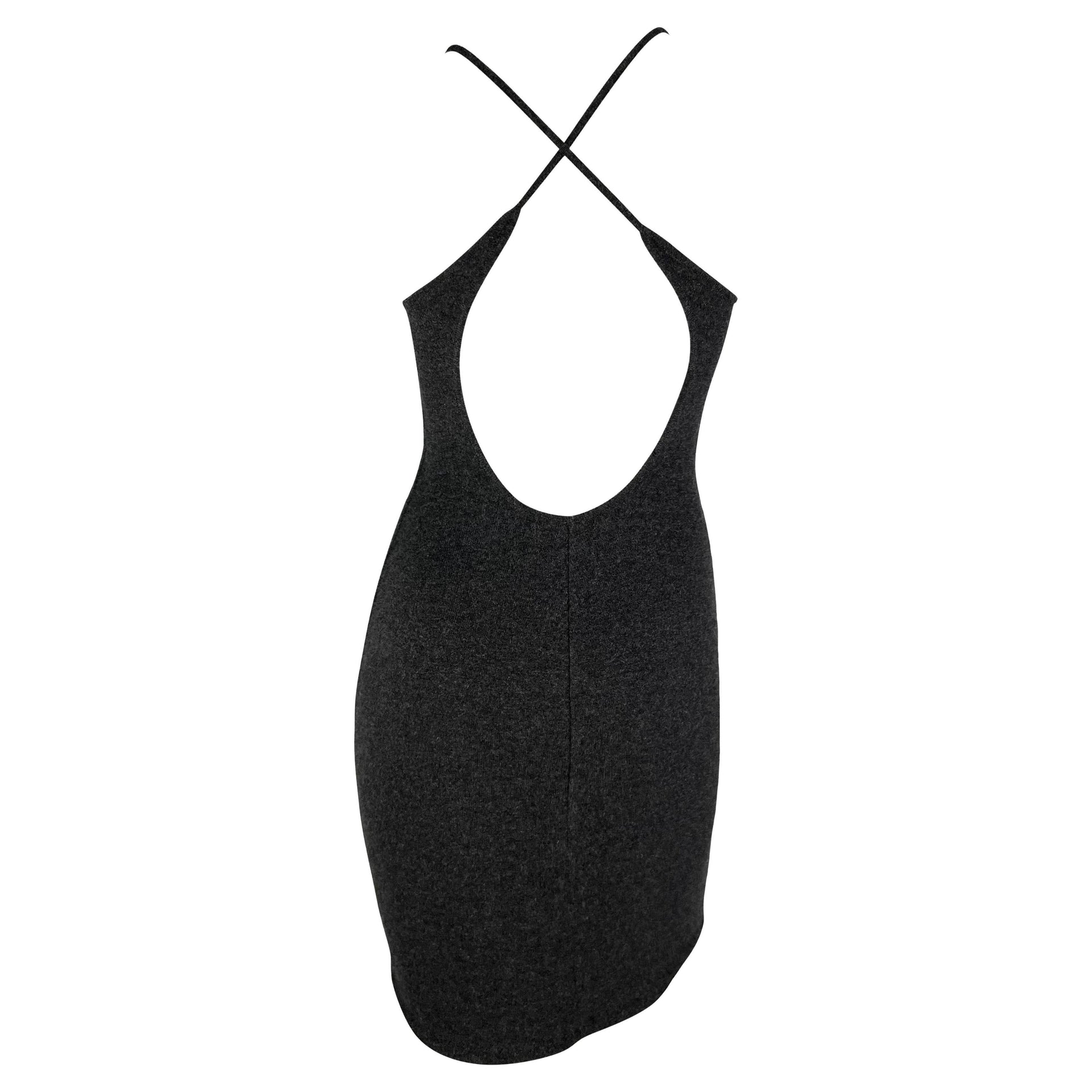 1990s Ralph Lauren Cashmere Knit Backless Charcoal Grey Bodycon Mini Dress