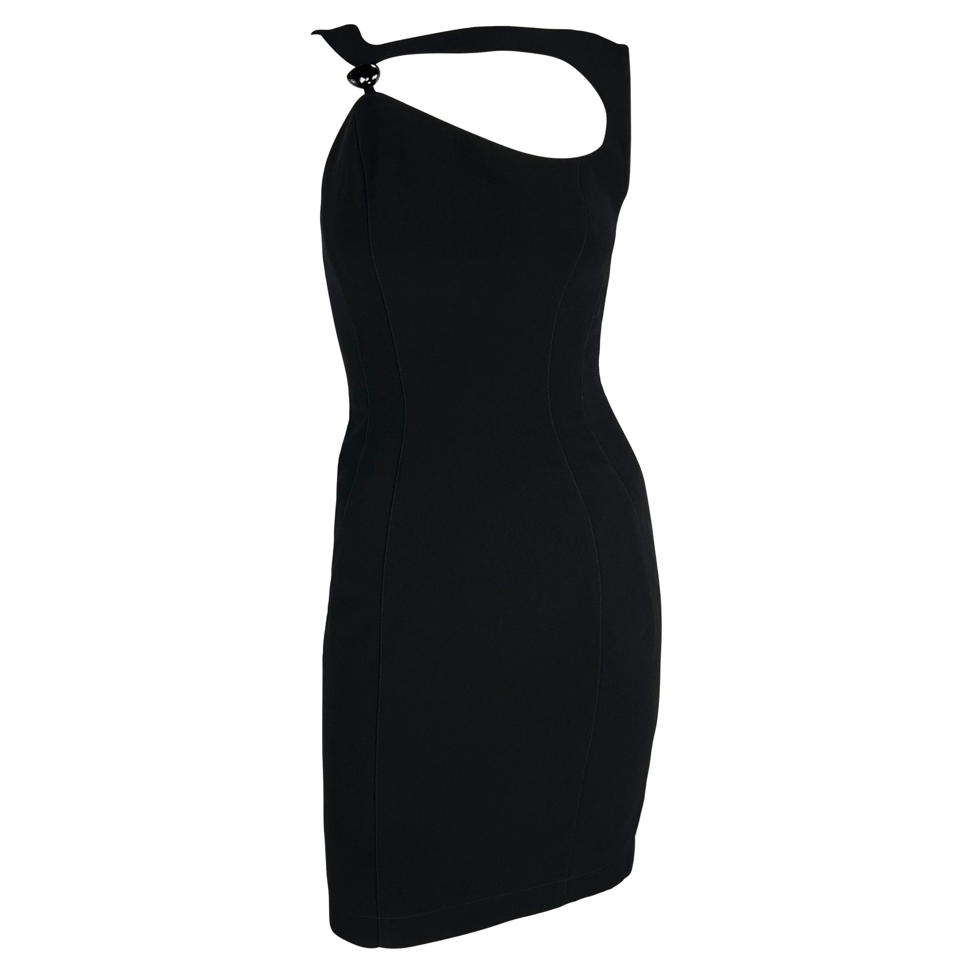 S/S 1999 Thierry Mugler Runway Asymmetric Brooch Detail Black Pencil Dress