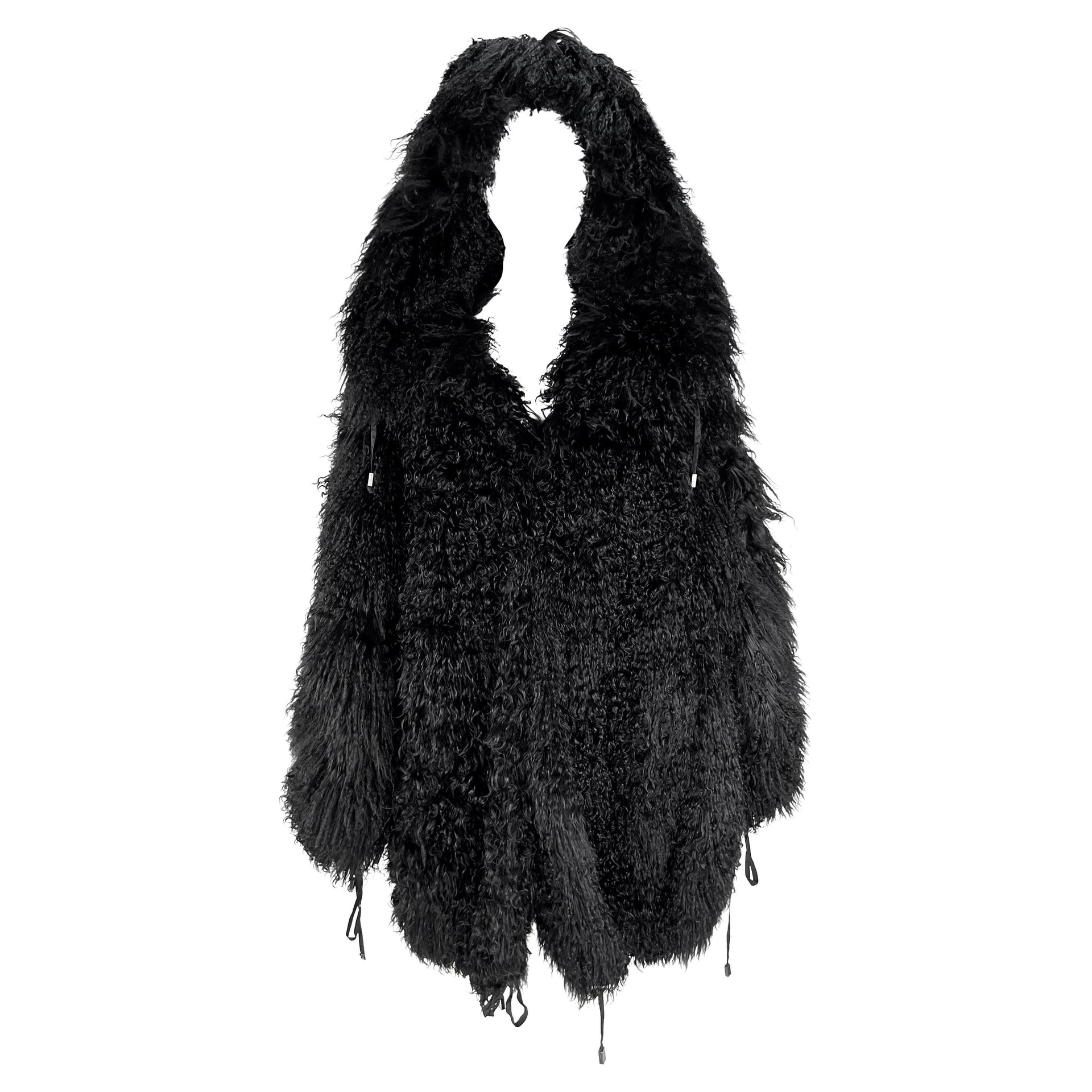 F/W 1992 Claude Montana Runway Oversized Hooded Black Mongolian Lamb Fur Coat