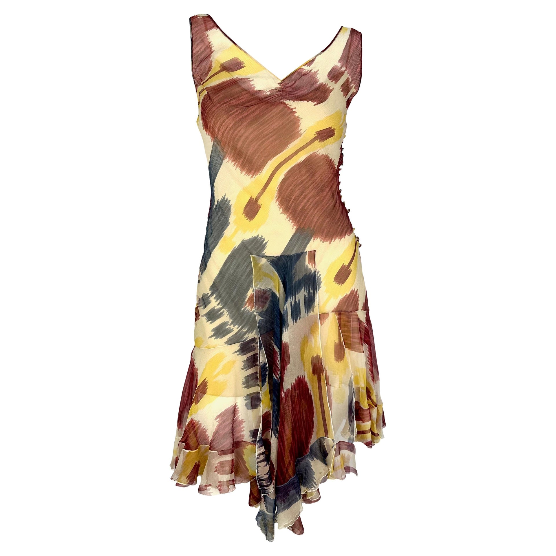 F/W 2001 Christian Dior by John Galliano Sheer Ikat Silk Flare Midi Dress