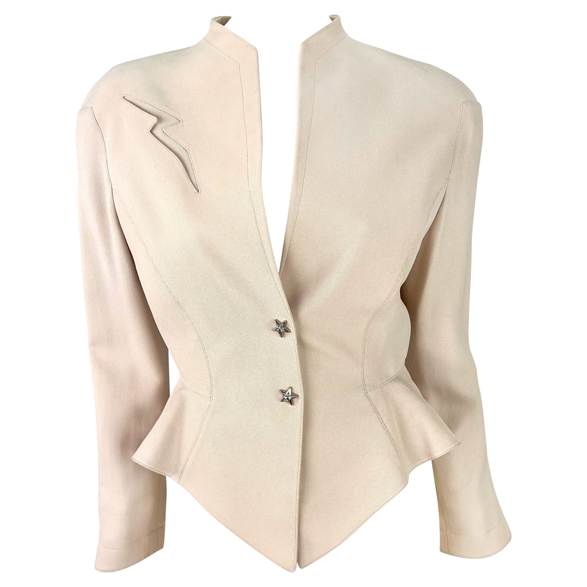 NWT Early 1990s Thierry Mugler Rhinestone Star Cinched Blush Pink Blazer Jacket
