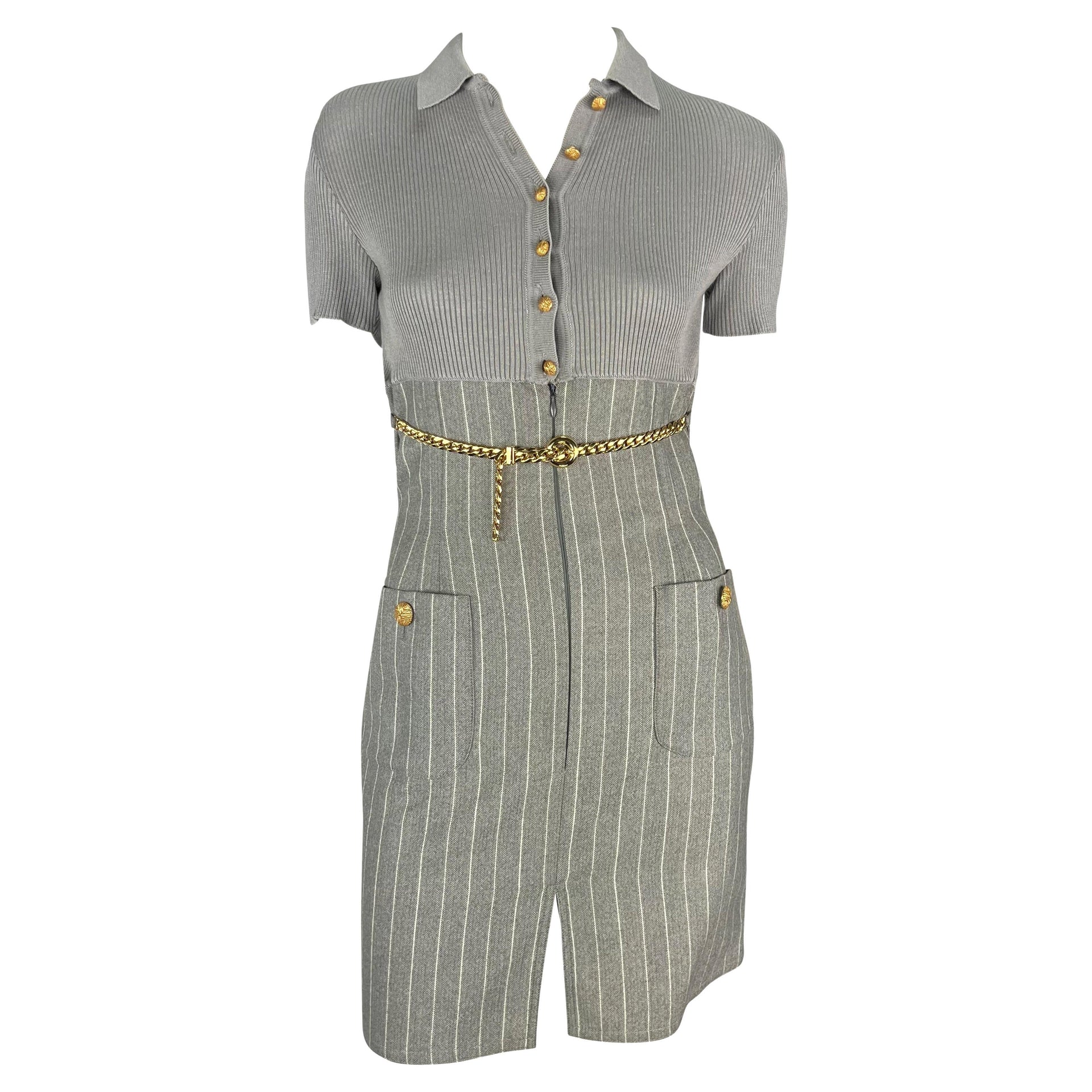 1990s Valentino Garavani Grey Pinstripe Knit Gold Chain Belt Mini Dress