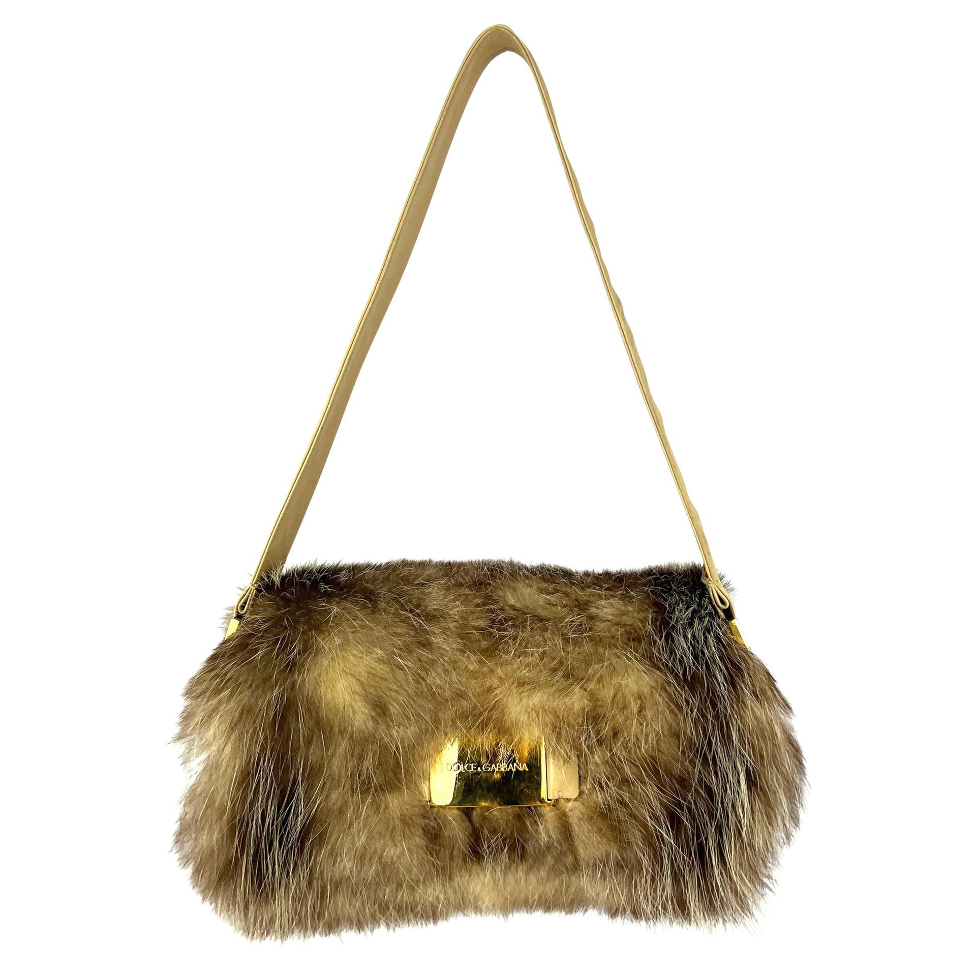 F/W 2001 Dolce & Gabbana Genuine Fur Gold Logo Buckle Taupe Shoulder Bag
