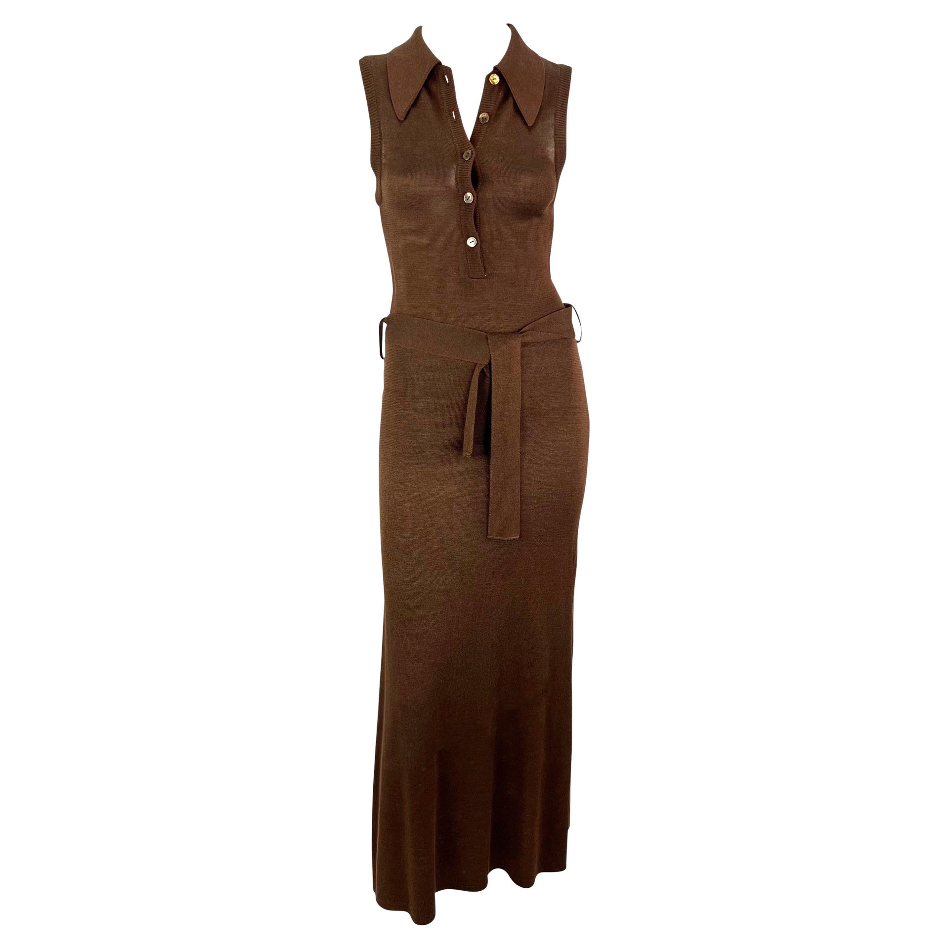 S/S 1996 Dolce & Gabbana Runway Brown Knit Bodycon Belted Maxi Collared Dress