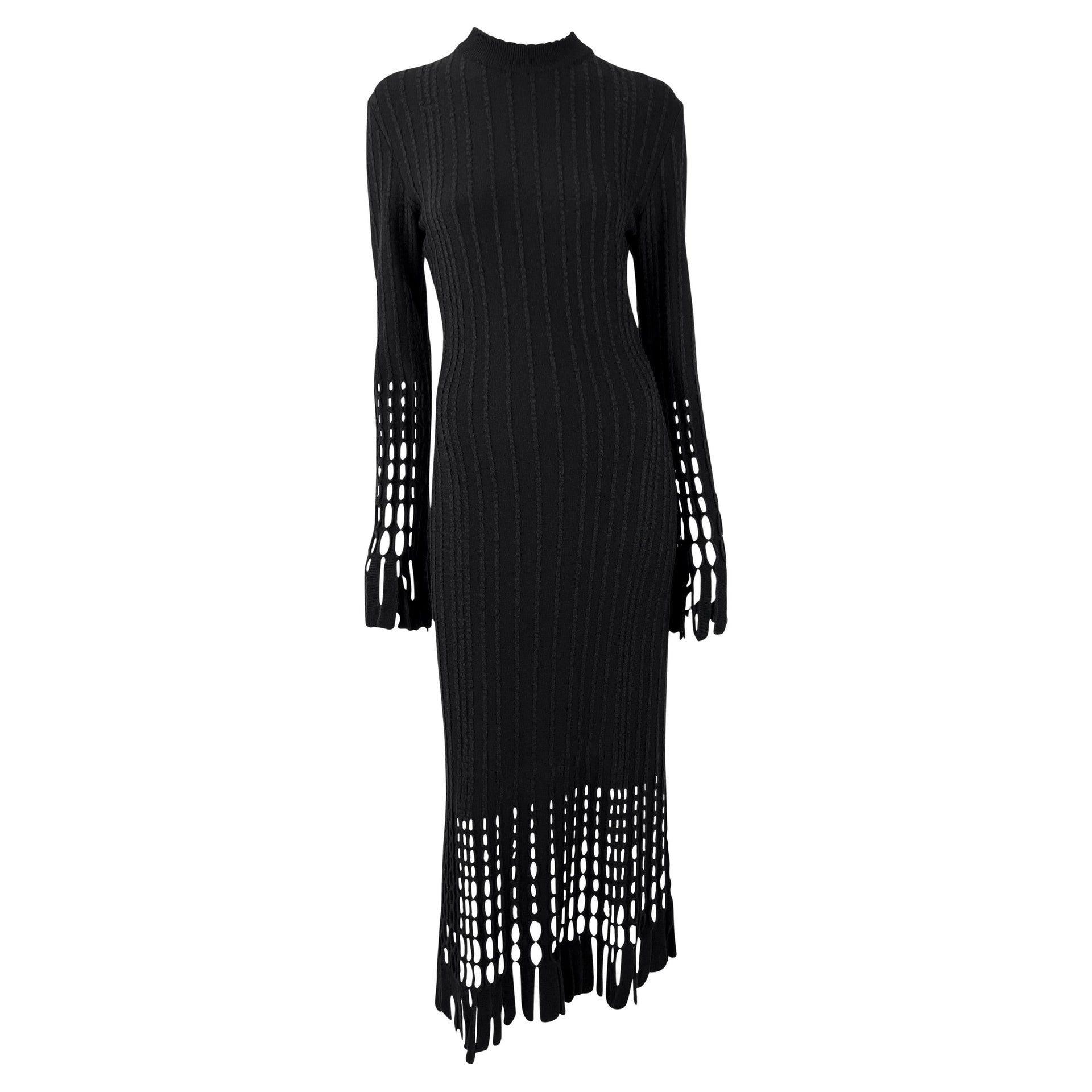 F/W 1993 Azzedine Alaïa Black Eyelet Fringe Knit Bodycon Full-Length Dress