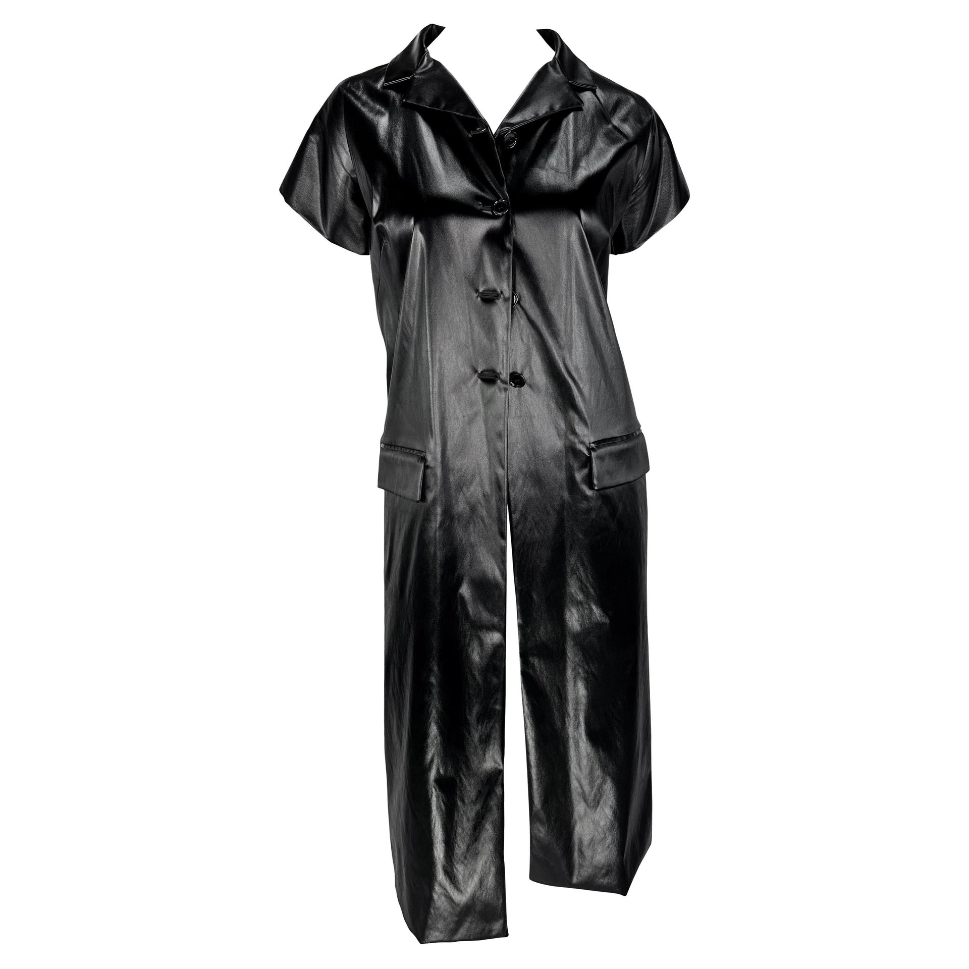 S/S 1999 Dolce & Gabbana Runway Wet Look Stretch Black Coat Dress Short Sleeve