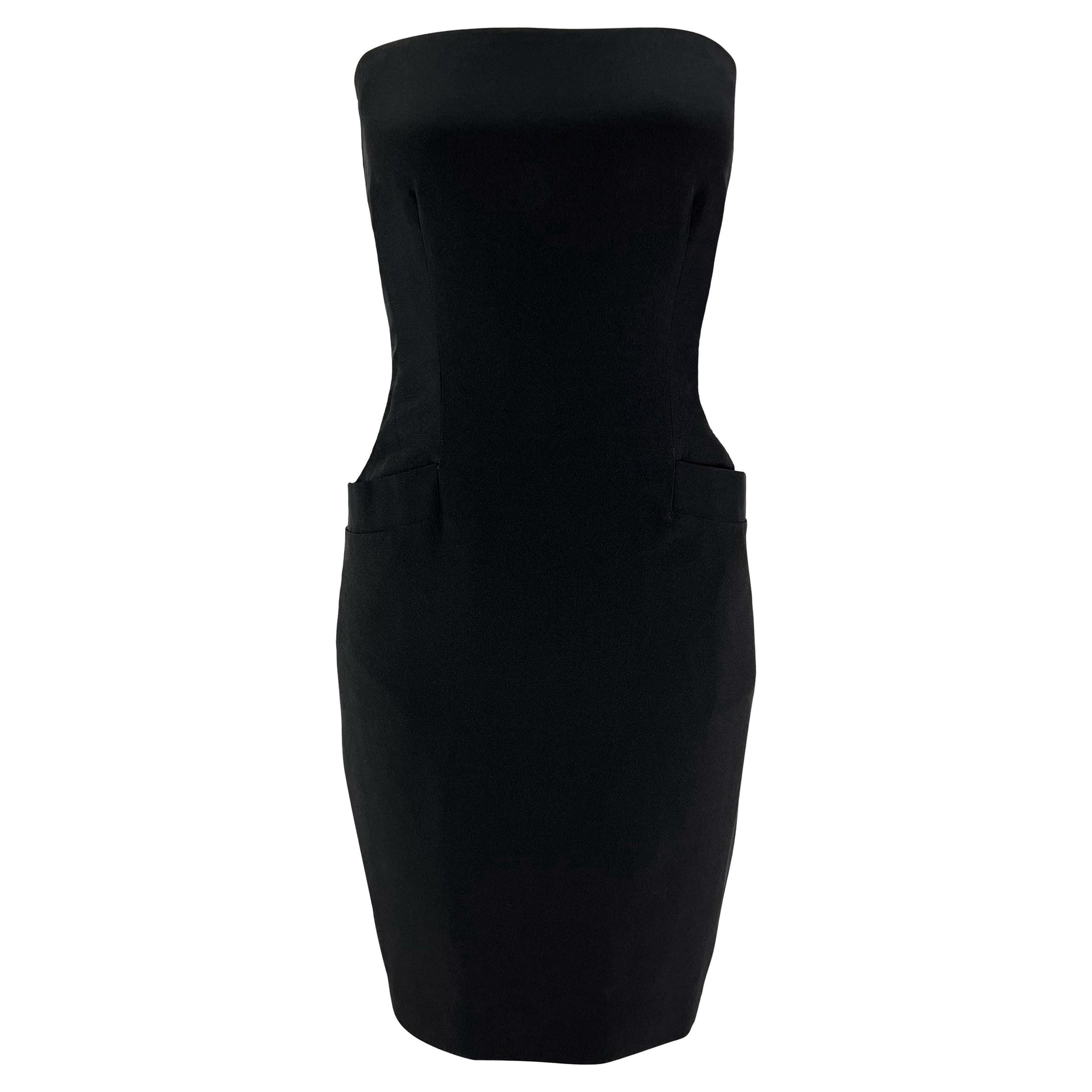 Early 1990s Donna Karan Boned Strapless Black Pocket Mini Dress
