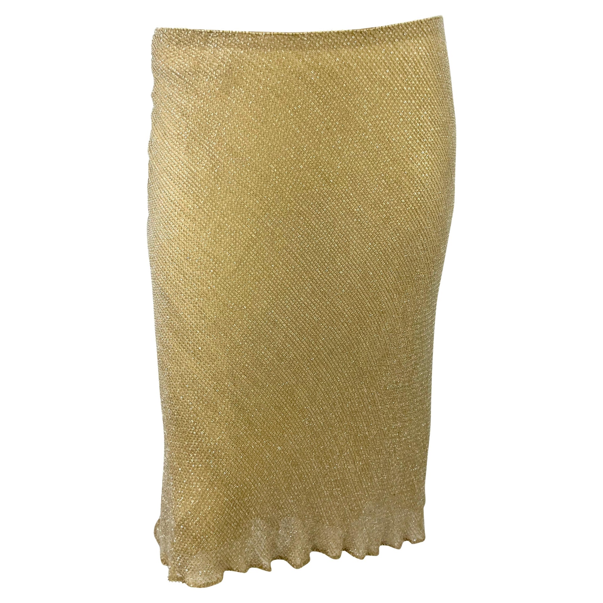 1990s Ralph Lauren Sheer Silk Chiffon Beige Clear Beaded Flare Midi Skirt