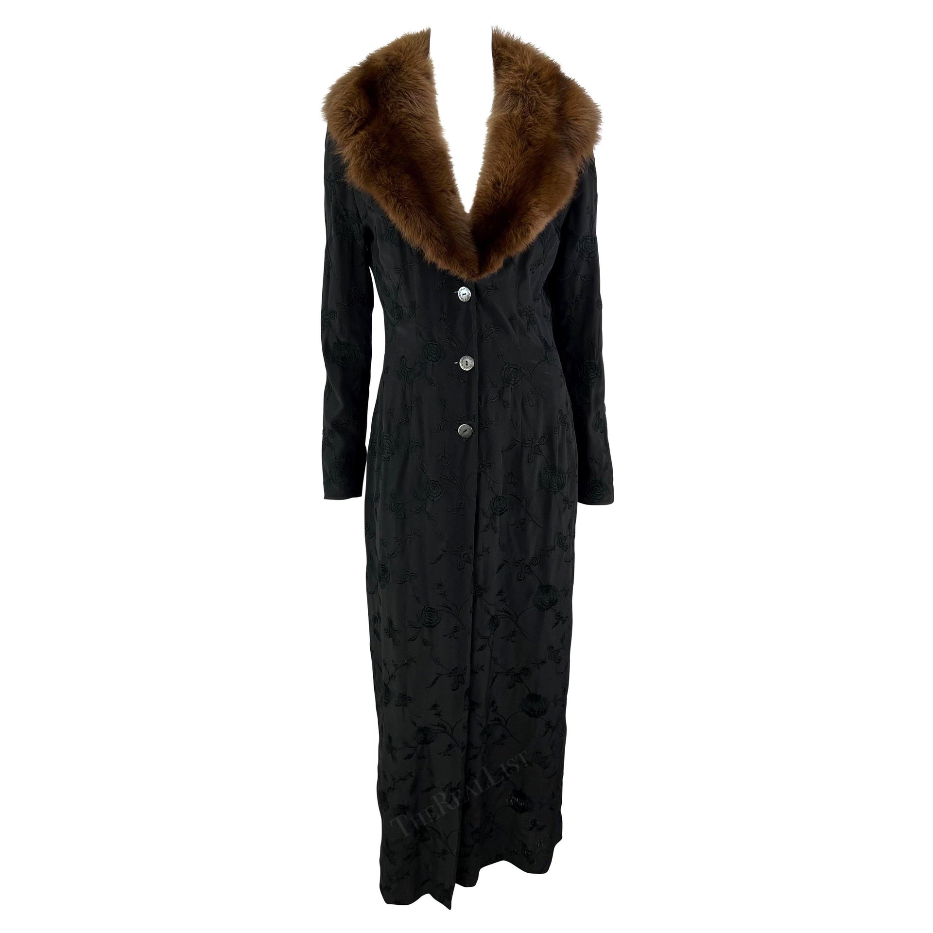 S/S 1997 Dolce & Gabbana Floral Embroidery Black Silk Sable Mink Trim Coat Dress