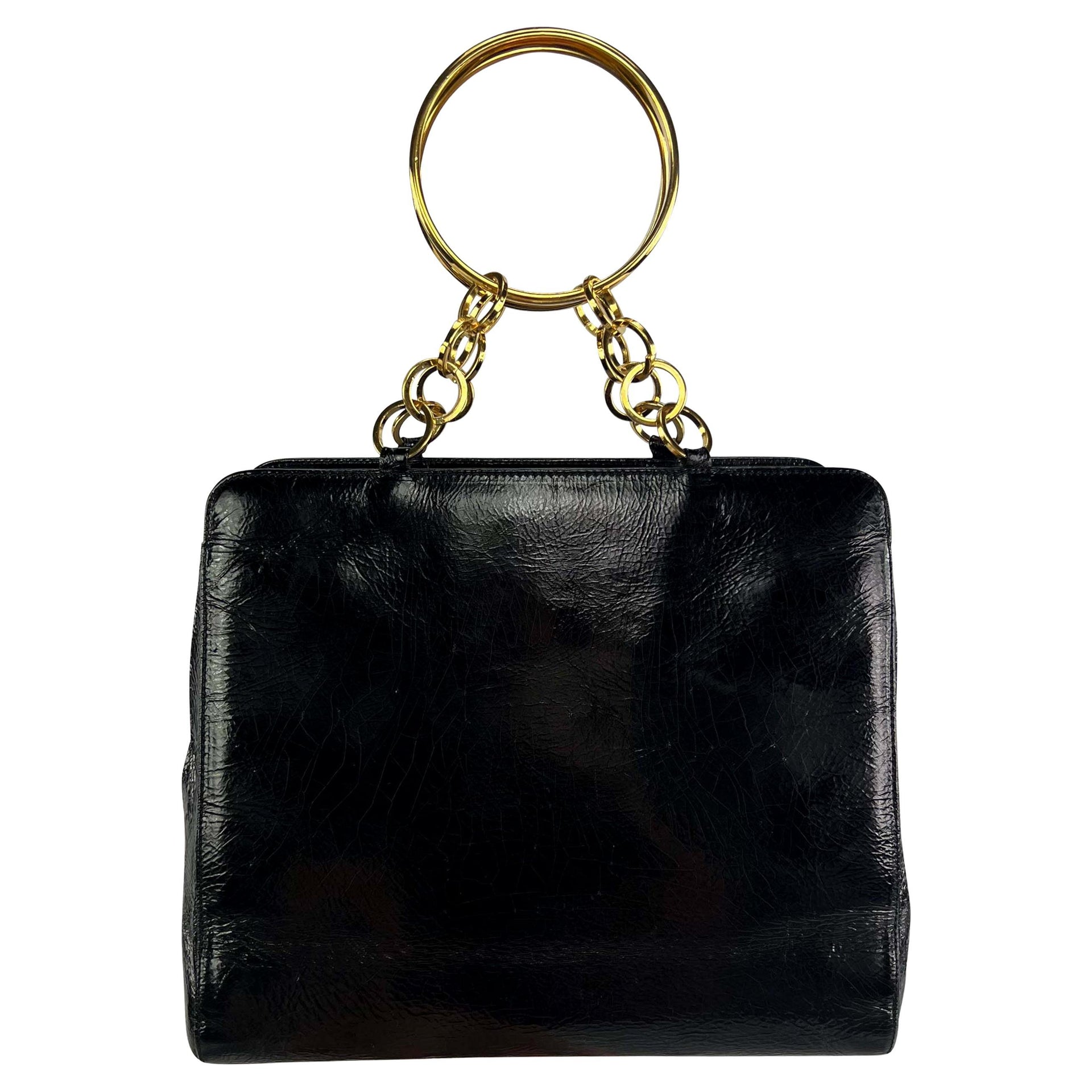 F/W 2000 Gianni Versace by Donatella Gold Ring Chain Black Patent Leather Bag