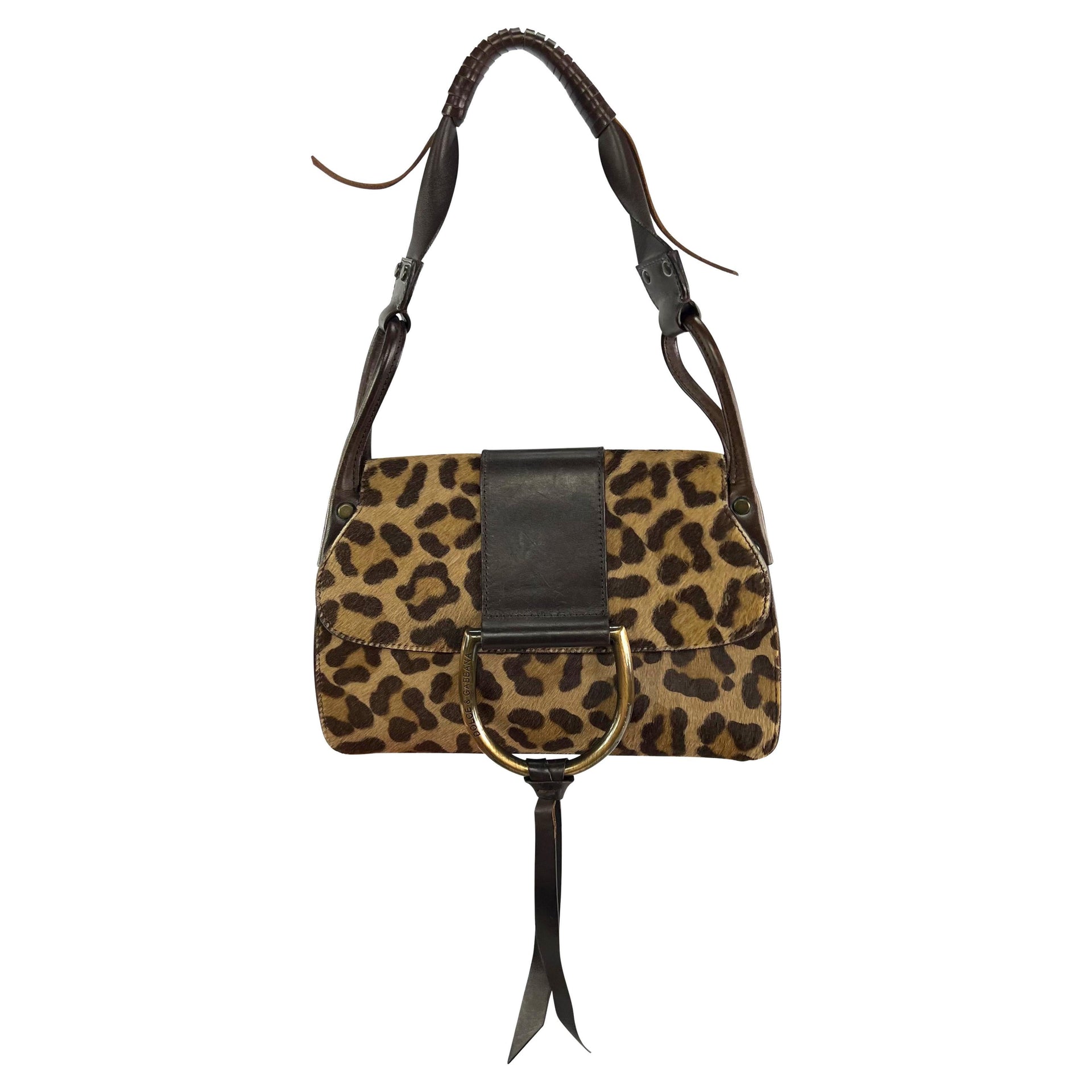 2000s Dolce & Gabbana Leopard Print Ponyhair Distressed Brown Ring Shoulder Bag