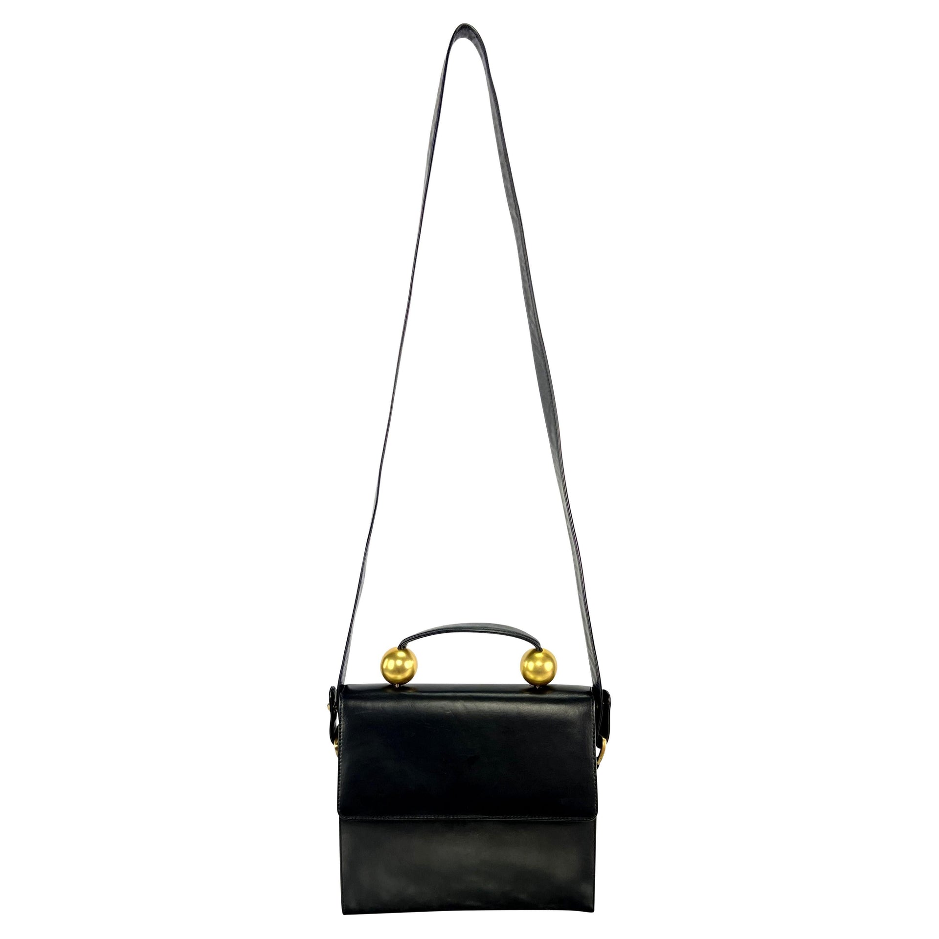 1980s Donna Karan Gold Bauble Black Leather Top Handle Crossbody Bag