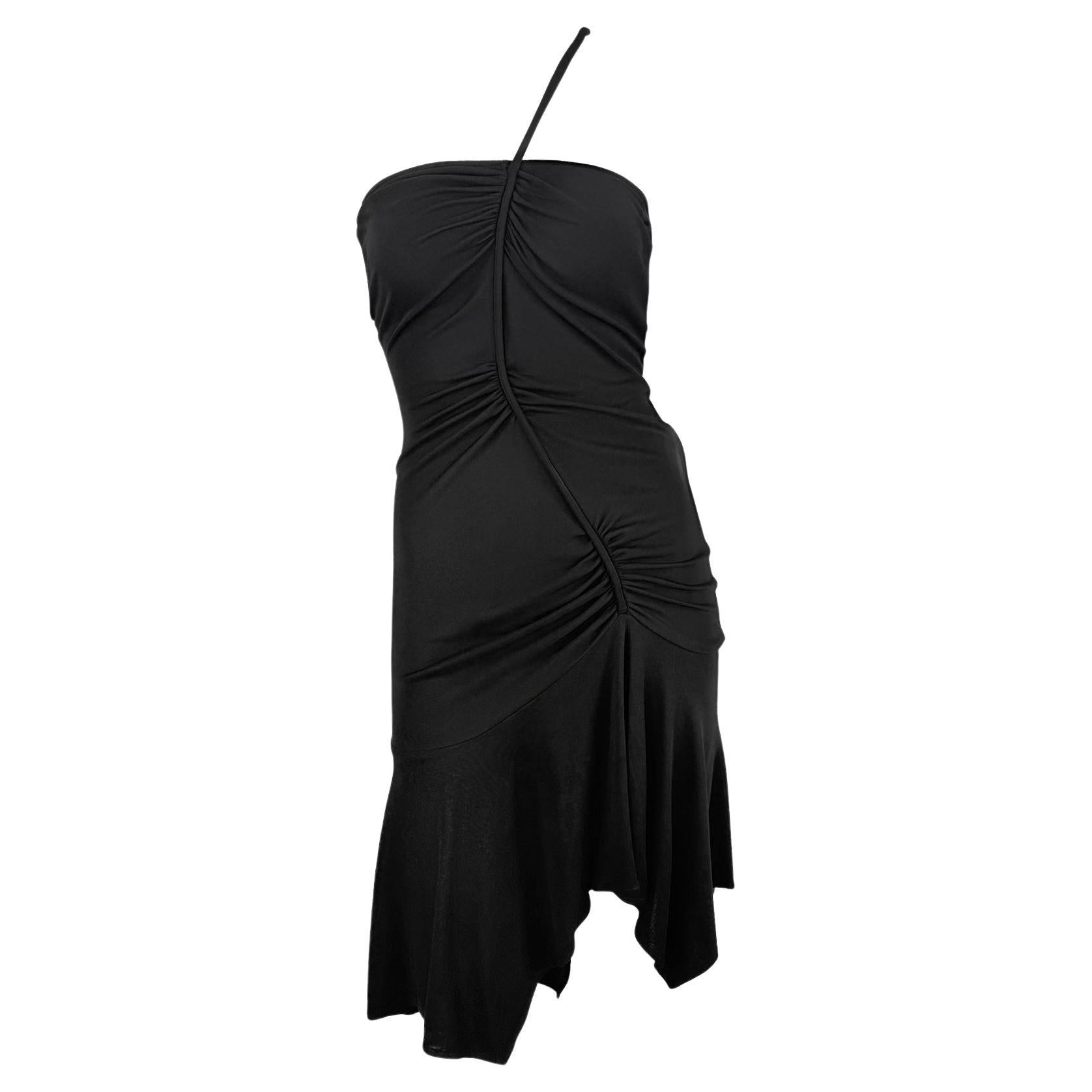 F/W 2003 Versace by Donatella Black Ruched Asymmetric Flare Bodycon Dress