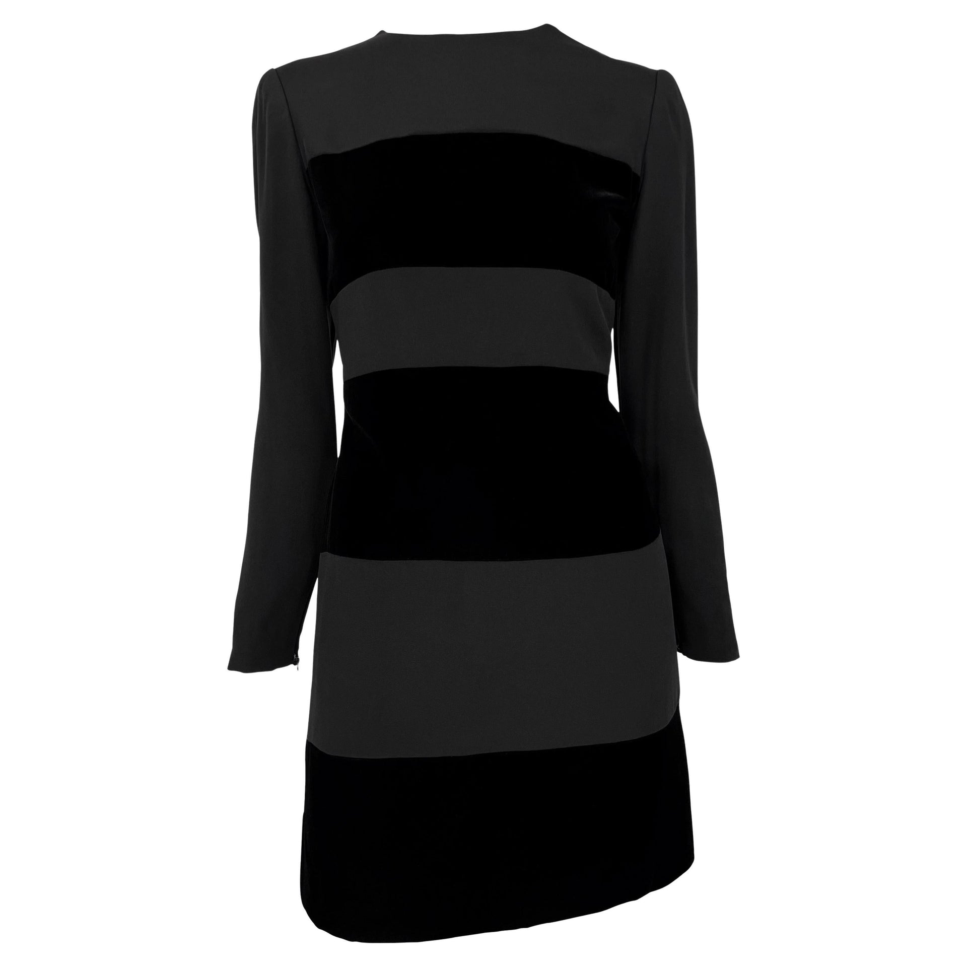 Early 1990s Oscar de La Renta Black Velvet Strip Long Sleeve Mini Dress