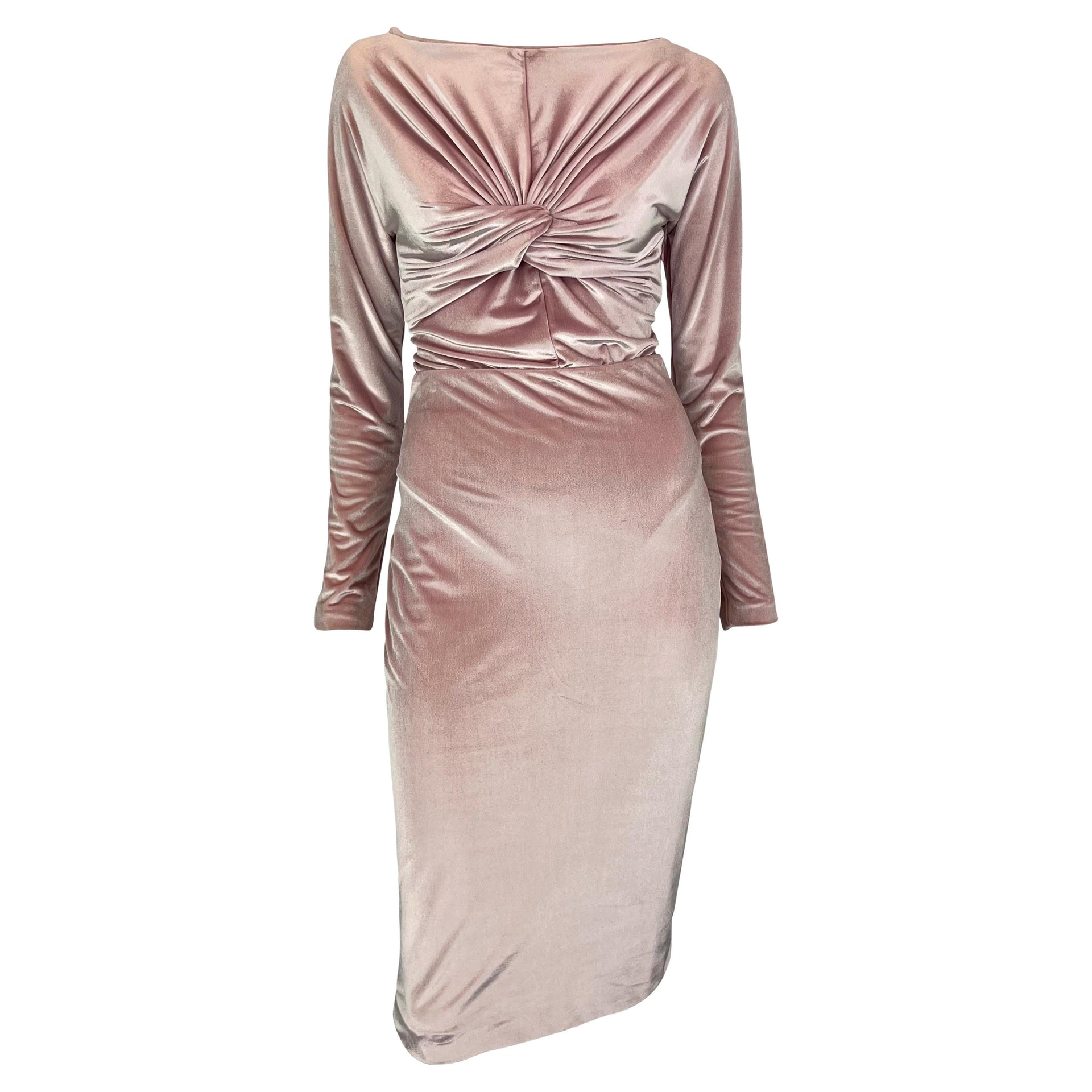 NWT F/W 1995 Gianni Versace Ruched Pink Velvet Bow Bodysuit Skirt Set