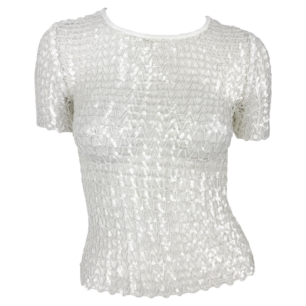 S/S 1995 Dolce & Gabbana Runway Sheer White Knit Clear Sequin T-Shirt Top