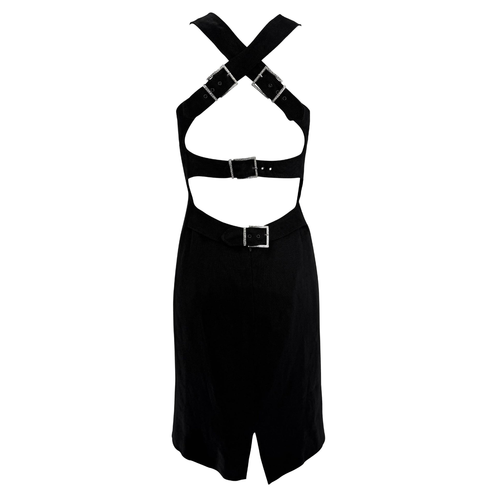 2000s Valentino Garavani Black Linen Backless Rhinestone Buckle Midi Dress