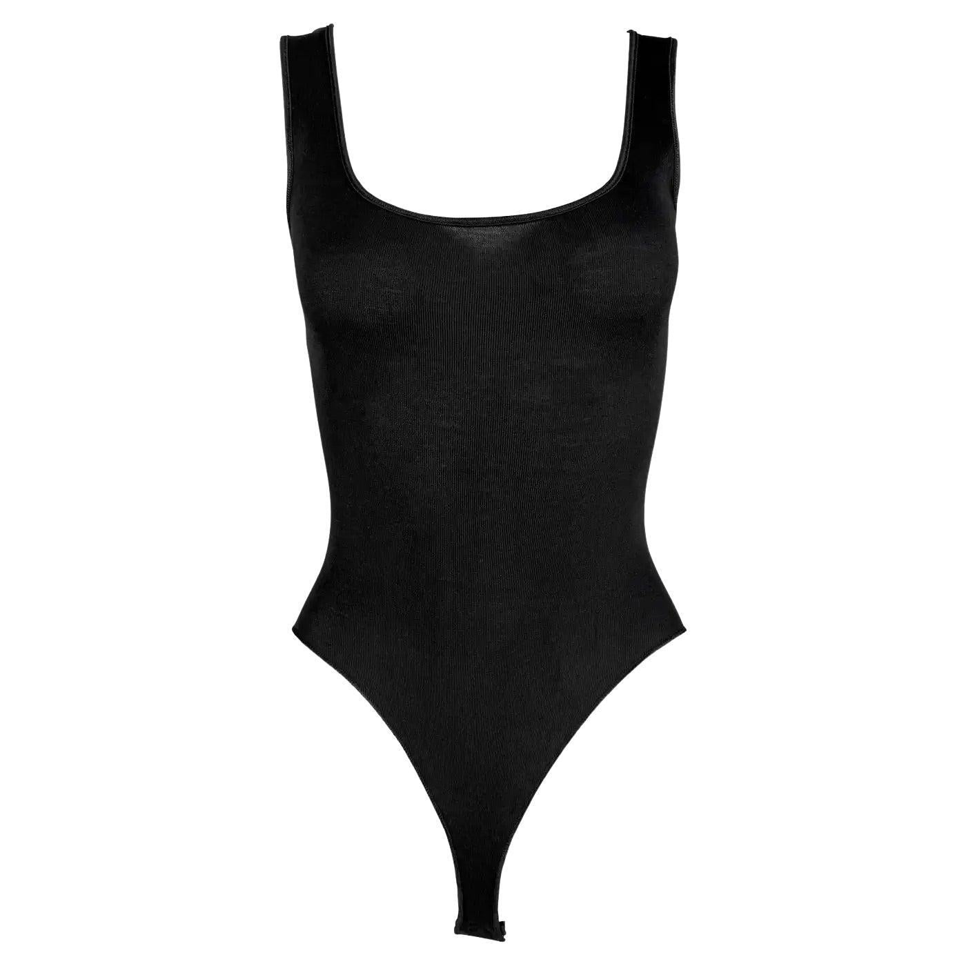 NWT Early 1990s Donna Karan Black Silk Bodysuit Satin Trim Stretch Tank Top
