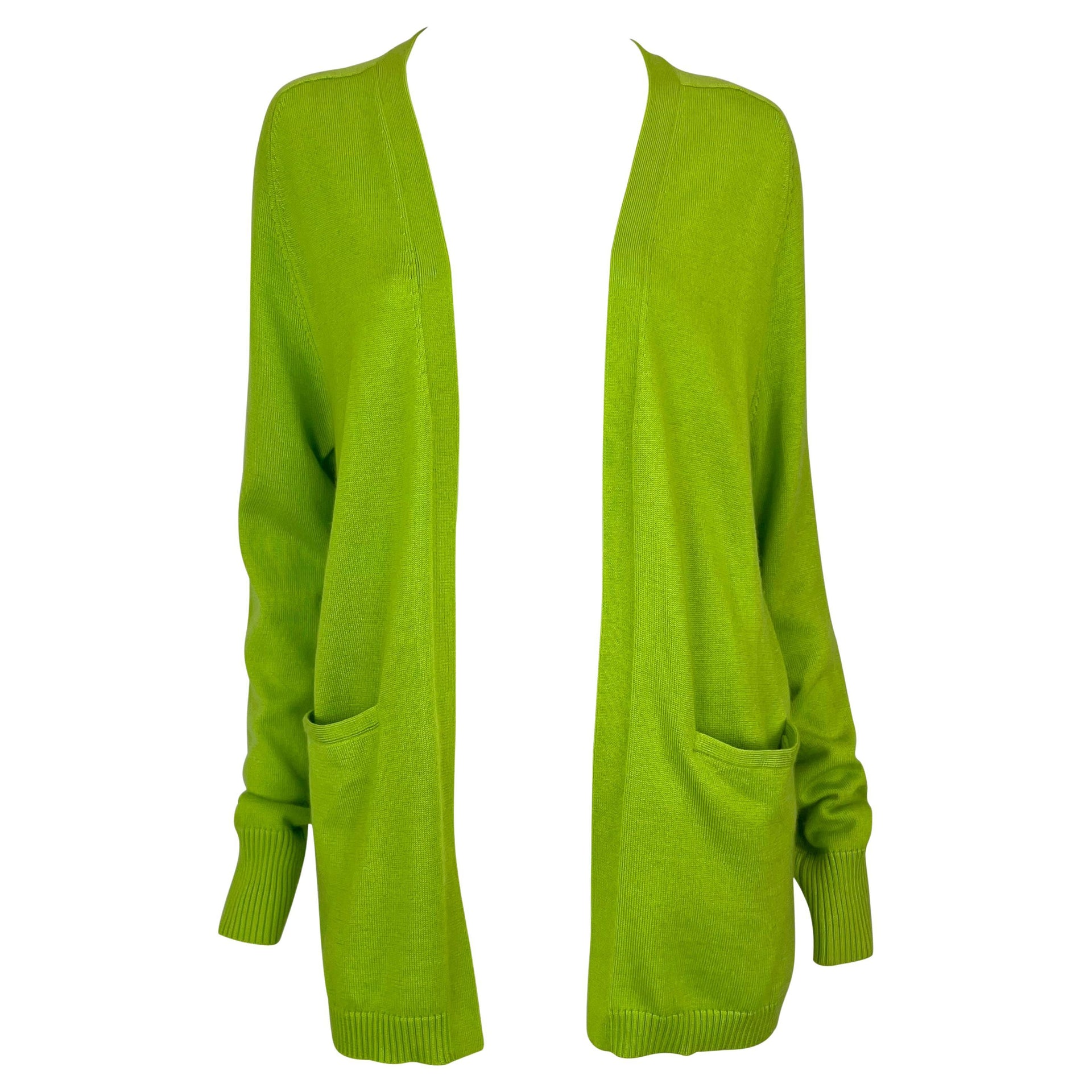 1990s Donna Karan Bright Lime Green Silk Cashmere Open Cardigan Sweater Top