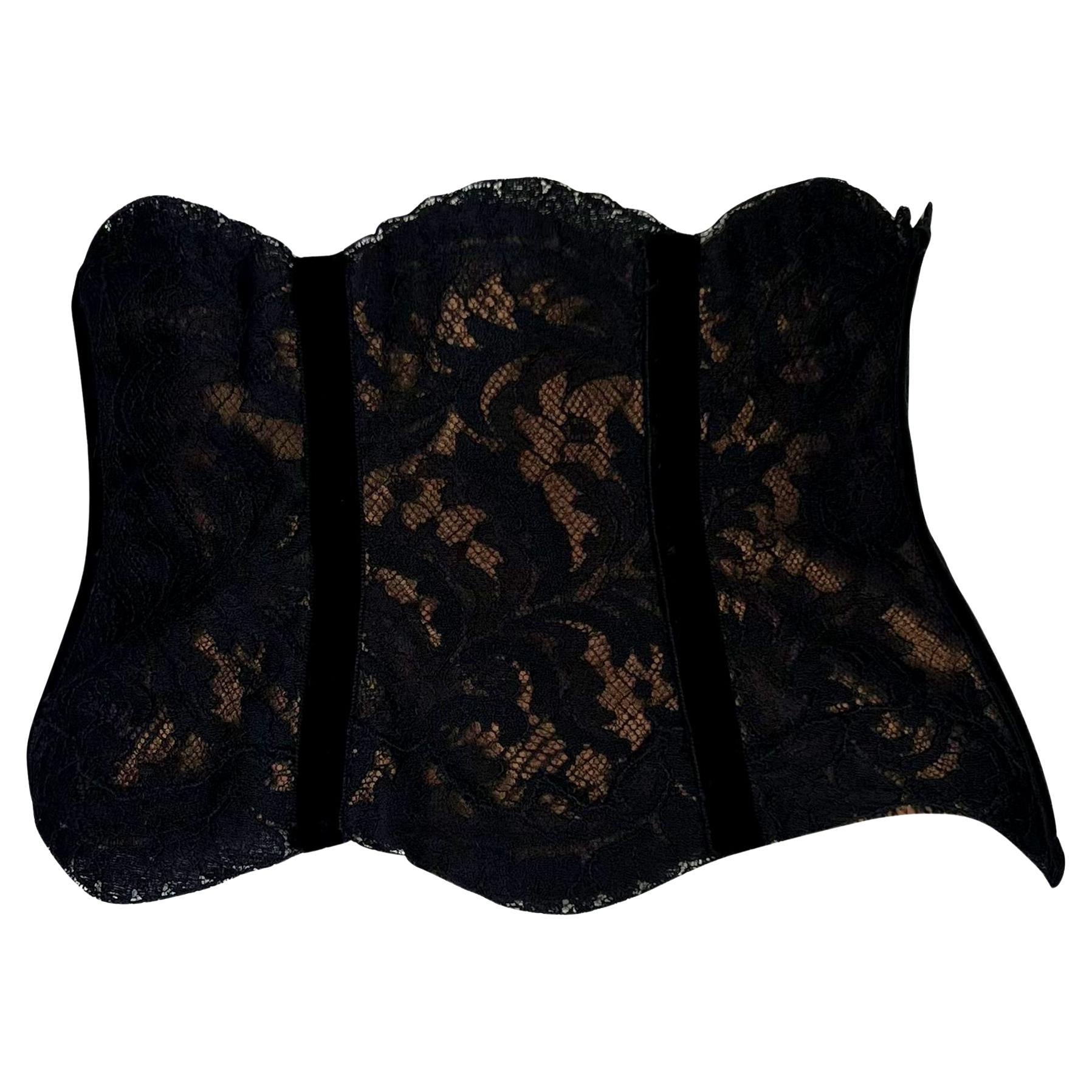 1990s Valentino Garavani Copper Satin Black Lace Overlay Corset Boned Waist Belt