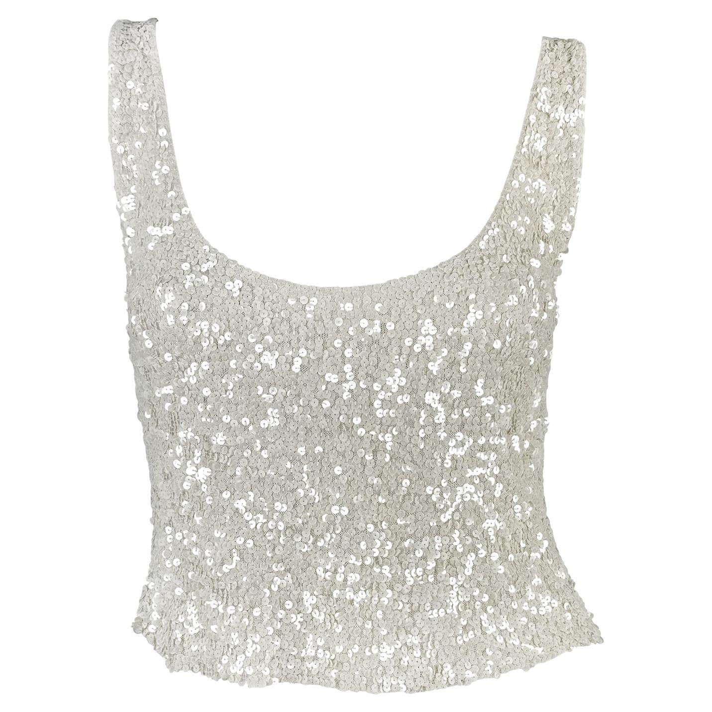1980s Donna Karan White Sequin Embellished Sheer Stretch Knit Low Scoop Tank Top