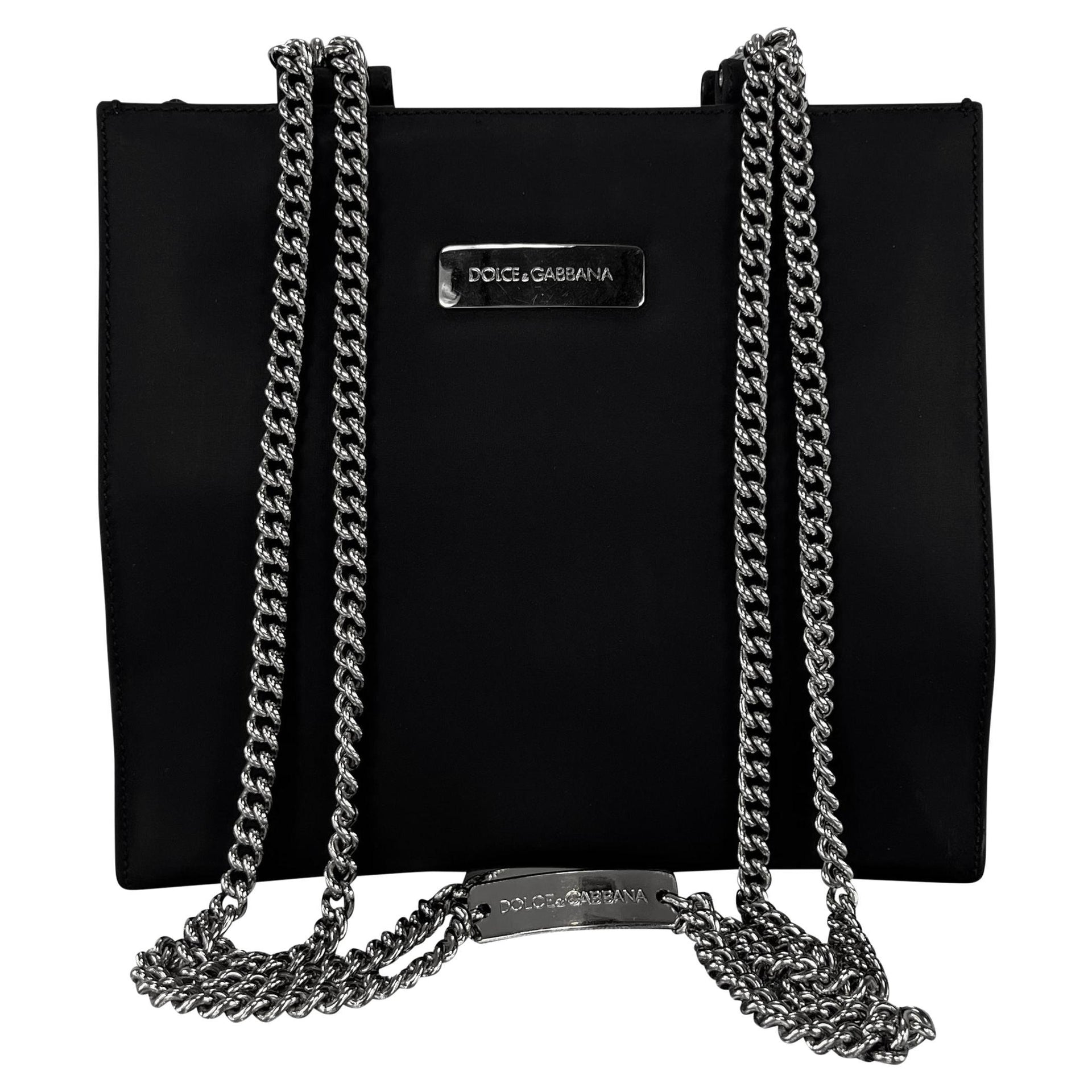F/W 1995 Dolce & Gabbana Runway ID Bar Logo Chain Black Nylon Shoulder Bag